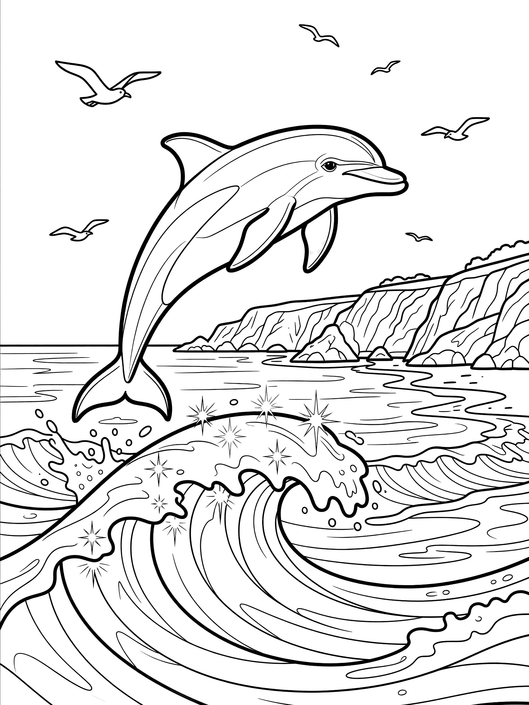 Black and white line art coloring page showing a dolphin leaping above splashing ocean waves, seagulls flying nearby, and distant cliffs. Santa Barbara themed black and white printable line art