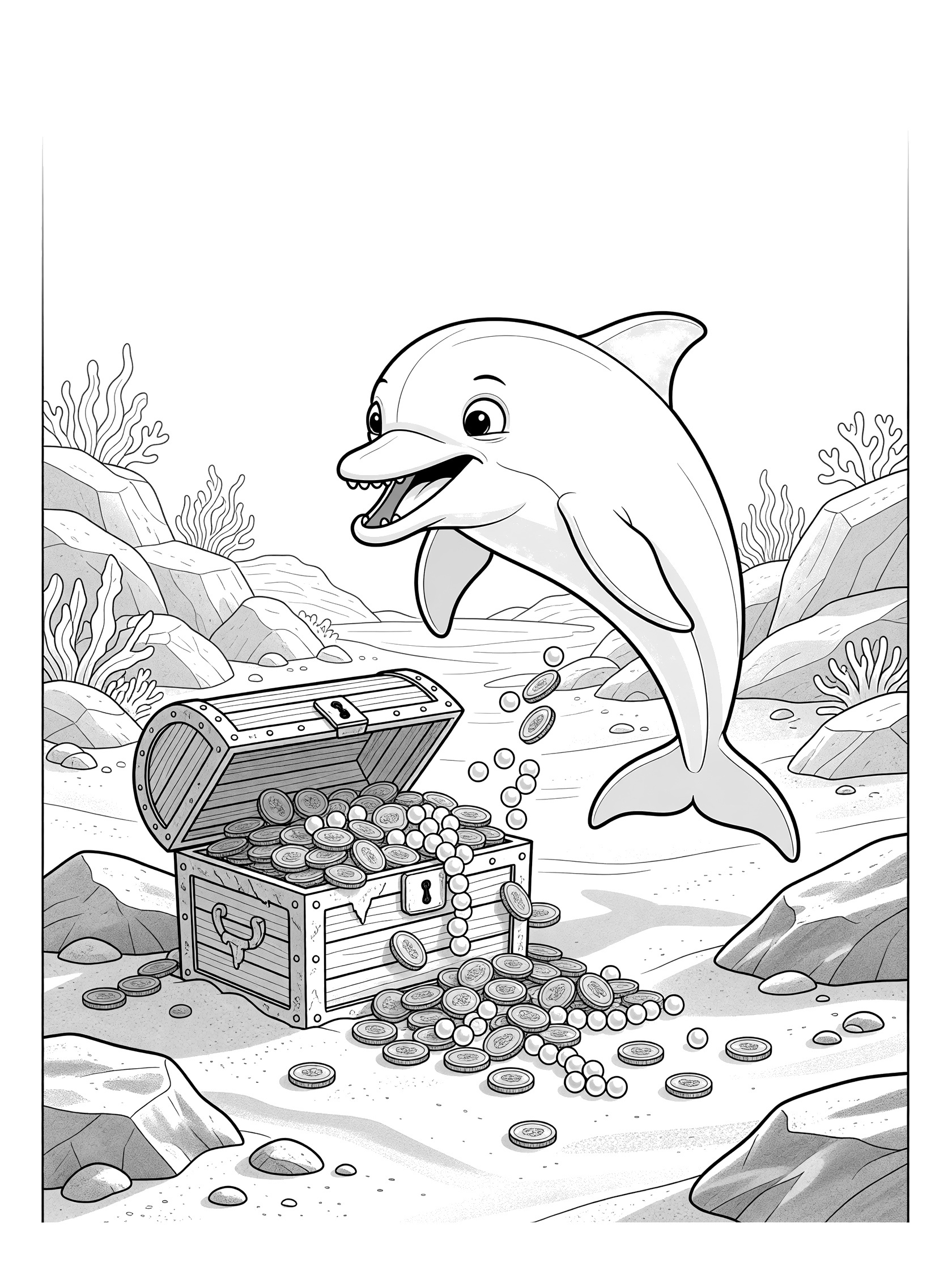 Black and white line art coloring page showing a smiling dolphin leaping over an open wooden treasure chest spilling gold coins and pearls amid ocean rocks and plants.