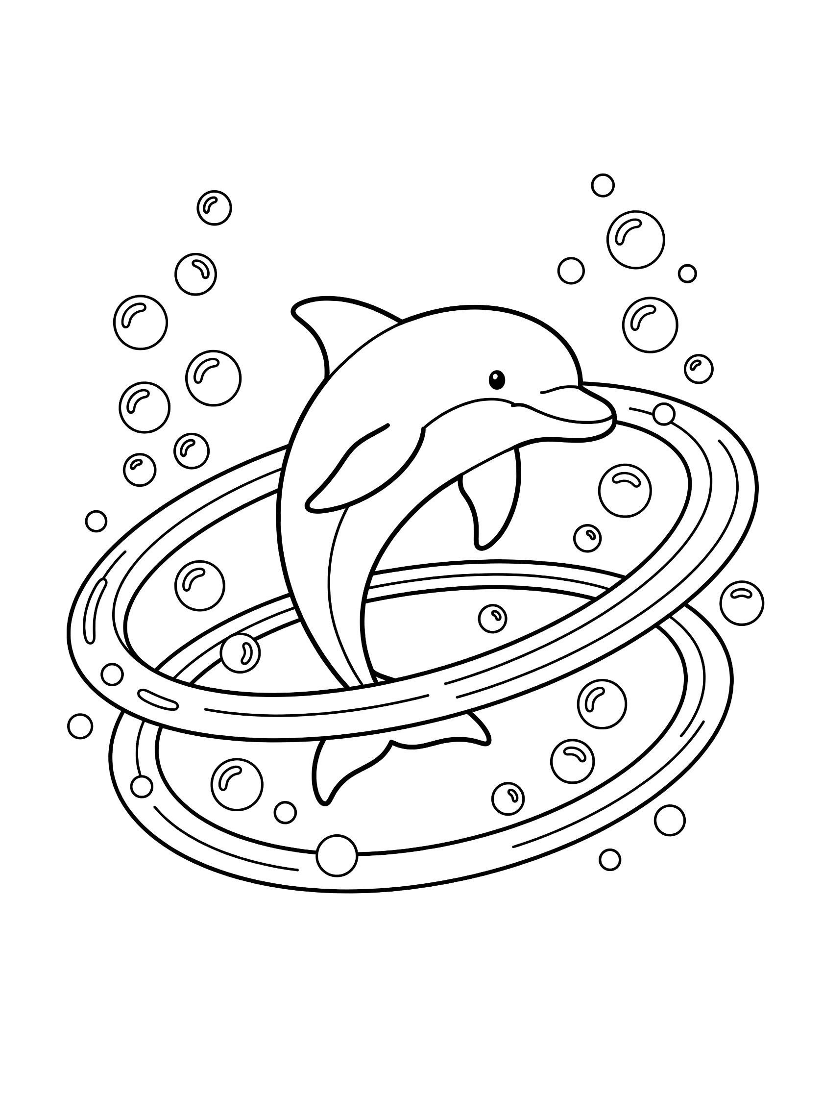Black and white line art coloring page showing a playful dolphin leaping through a large bubble ring with smaller bubbles around it.