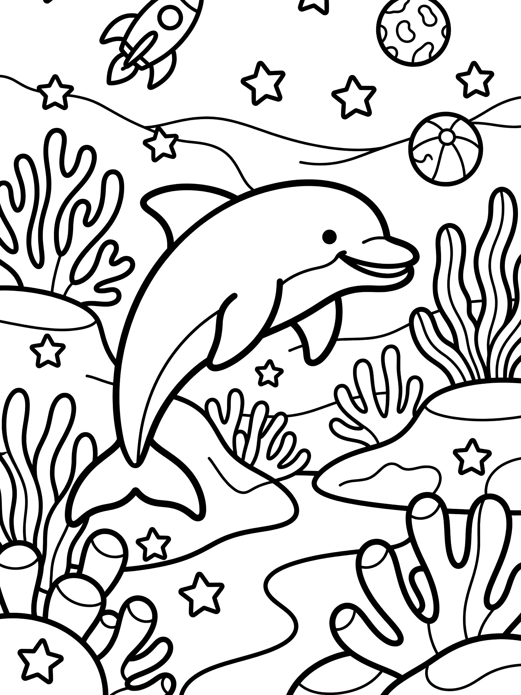 Printable coloring page showing a happy dolphin jumping near a rocket, surrounded by stars, moon, and coral reef with bold thick outlines.