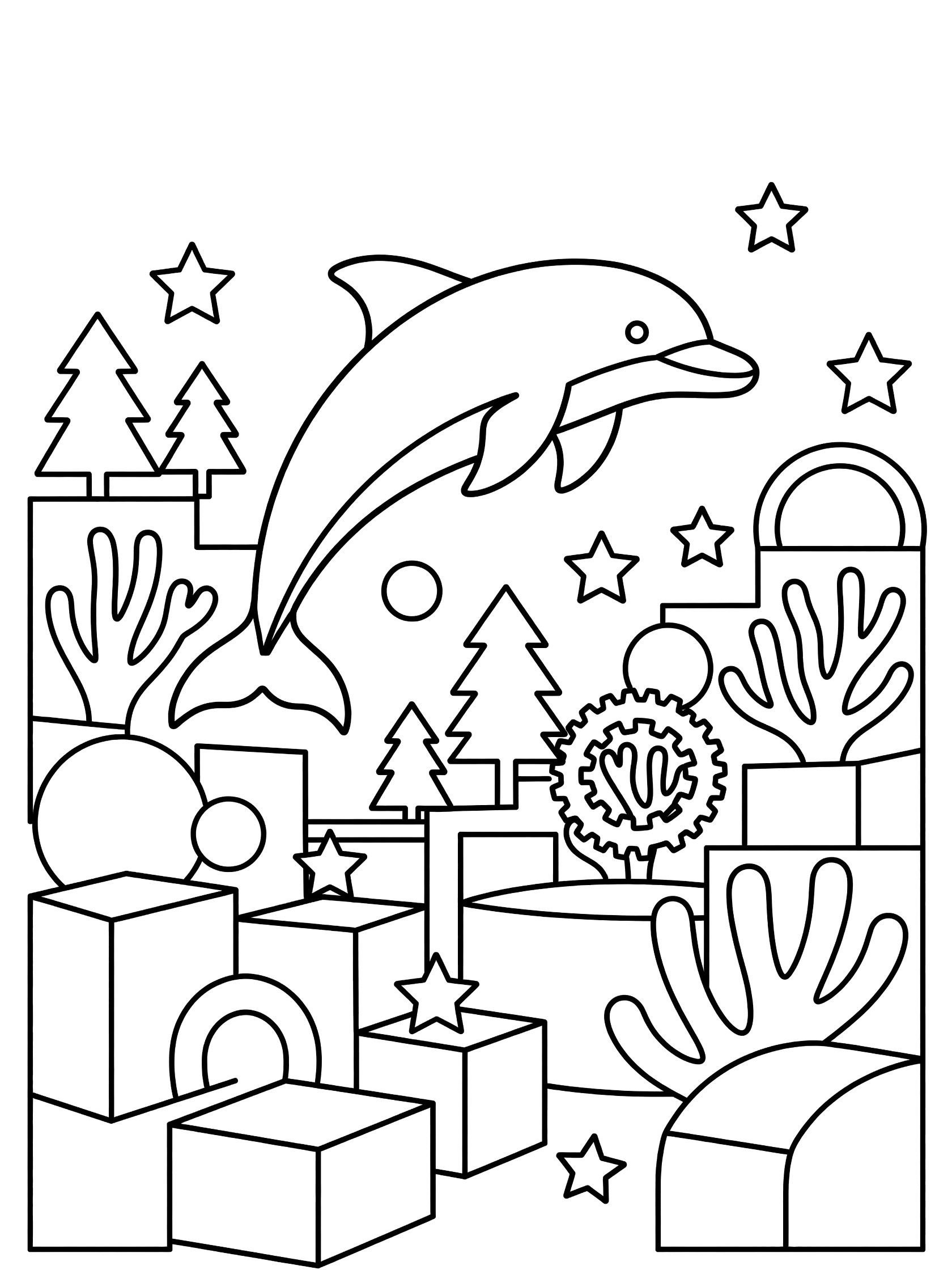 Simple geometric black and white coloring page showing a dolphin leaping with coral reef, stars, and shapes in a sea animals design.