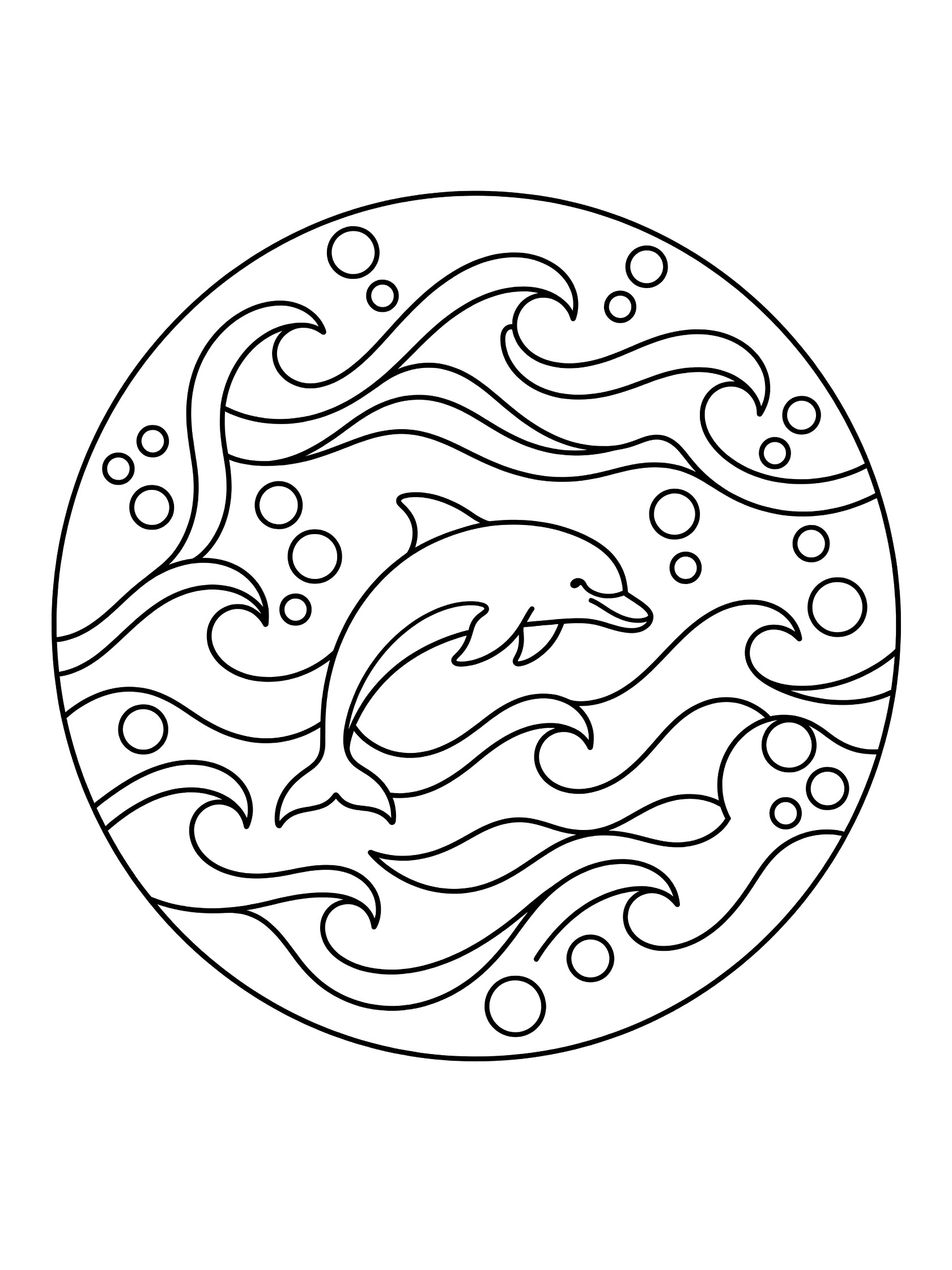 Black and white line art of a dolphin swimming in the center of a round mandala surrounded by wavy ocean lines and round bubbles.