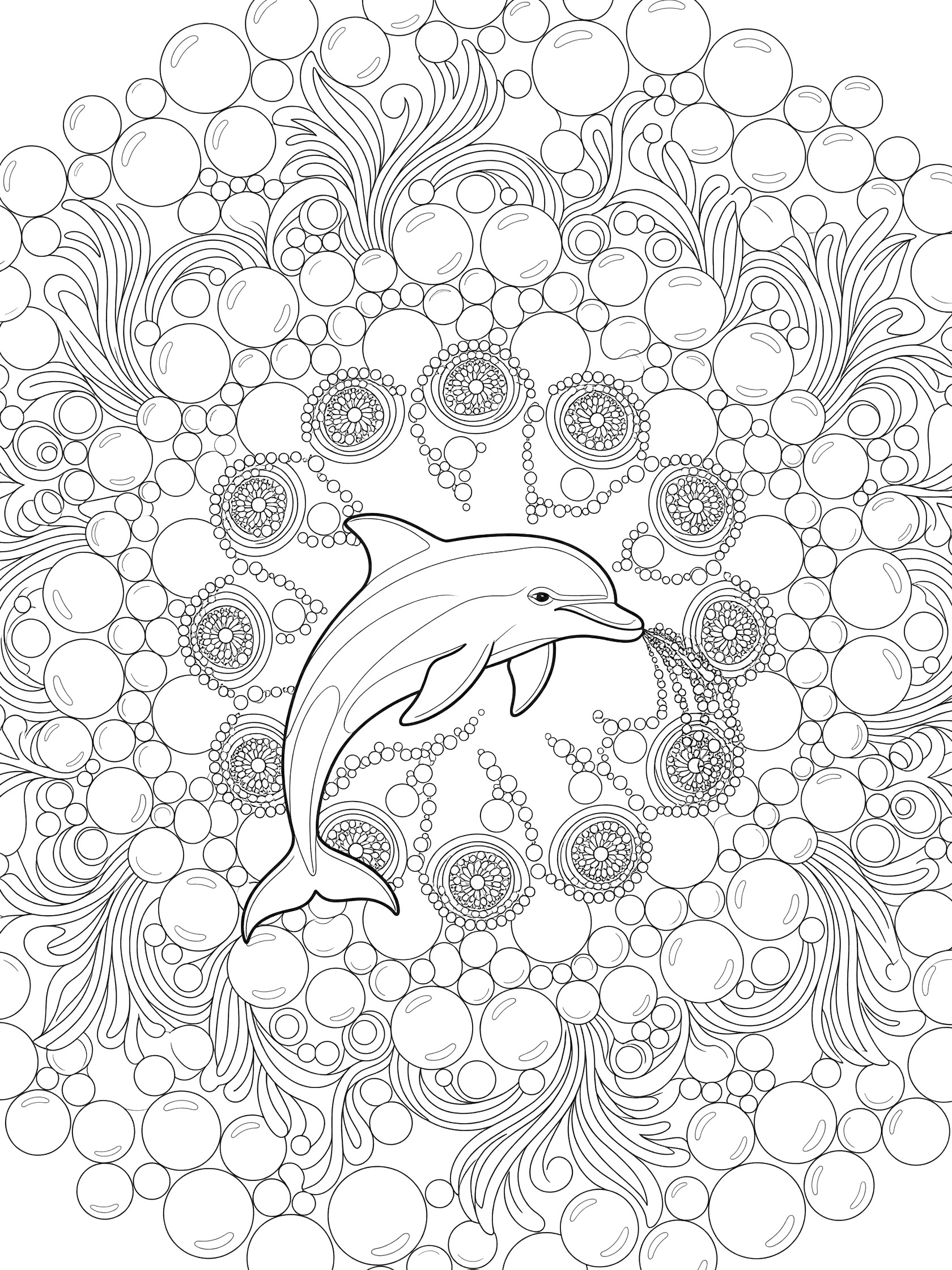 Black and white printable coloring page of a central dolphin in a mandala design surrounded by bubble rings and floral patterns.