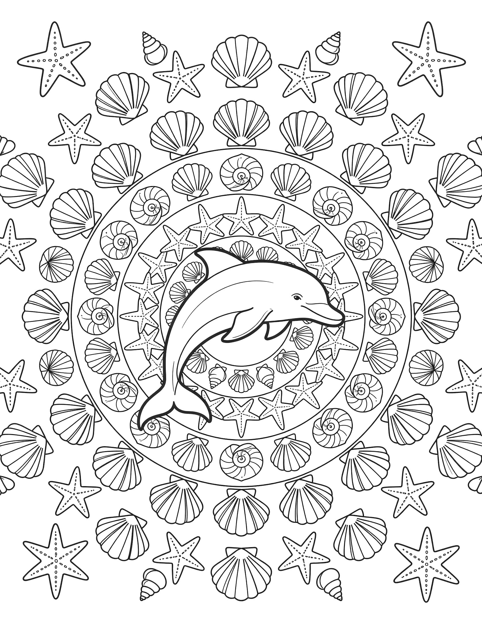 Black and white line art of a central dolphin in a round mandala surrounded by repeating seashells and starfish, printable coloring page.