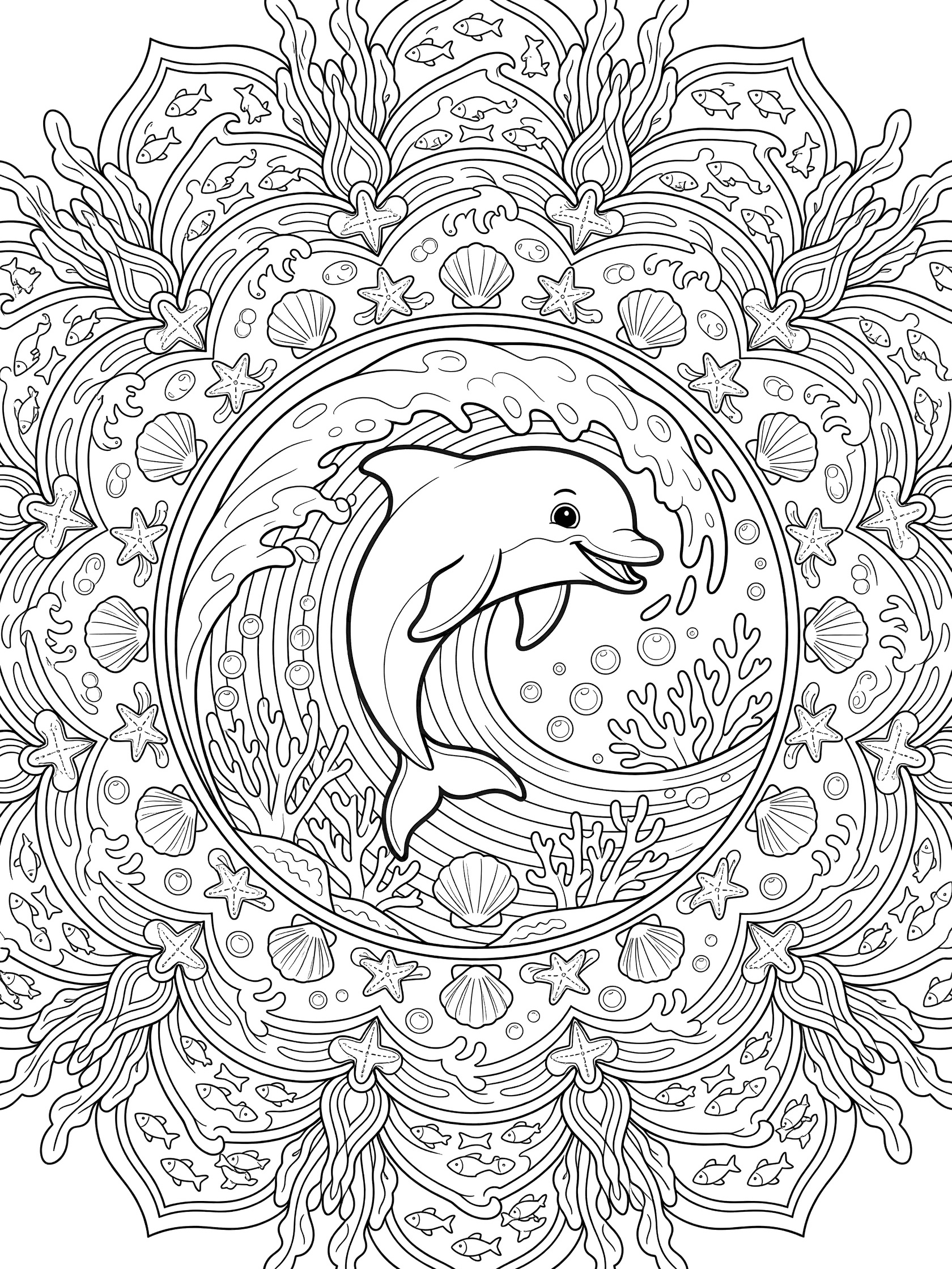 Black and white printable coloring page of a smiling dolphin jumping in waves inside a round mandala with shells, coral, bubbles, seaweed, and swirling patterns.