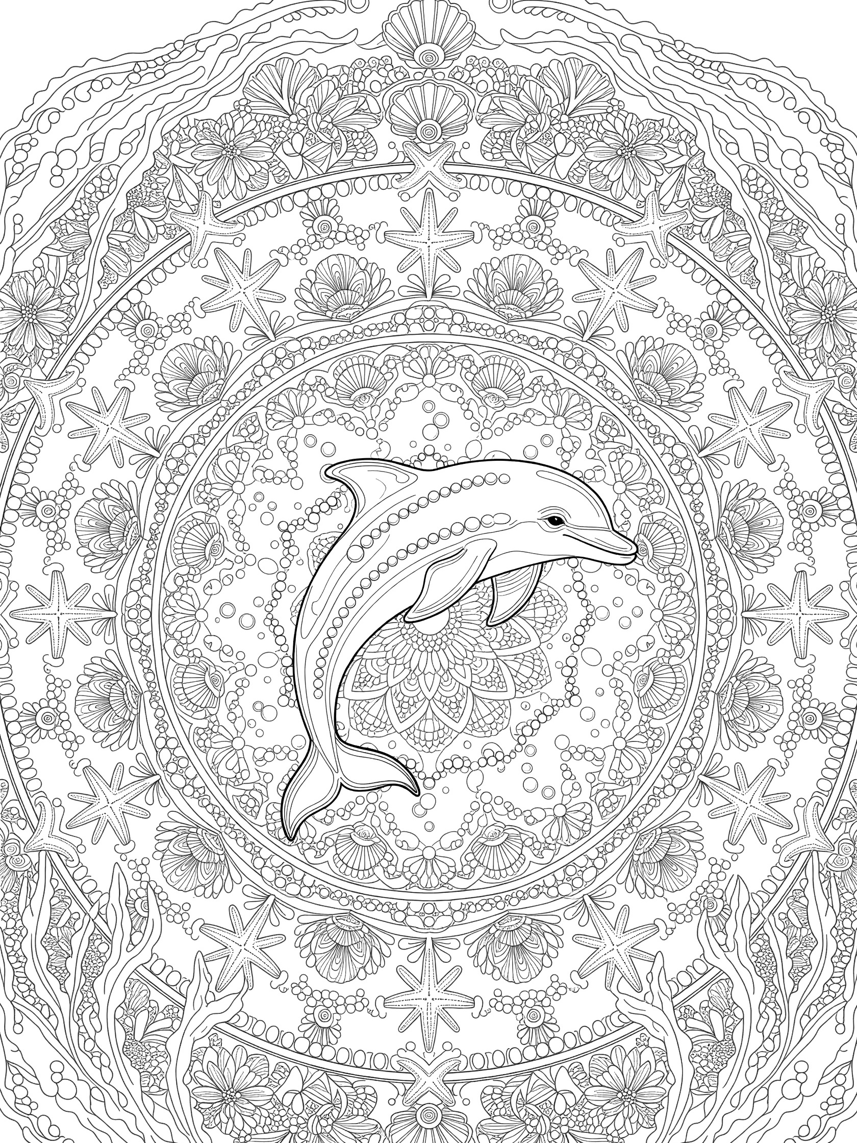 Black and white printable coloring page of a dolphin in a mandala with pearls, seashells, starfish, and swirling patterns
