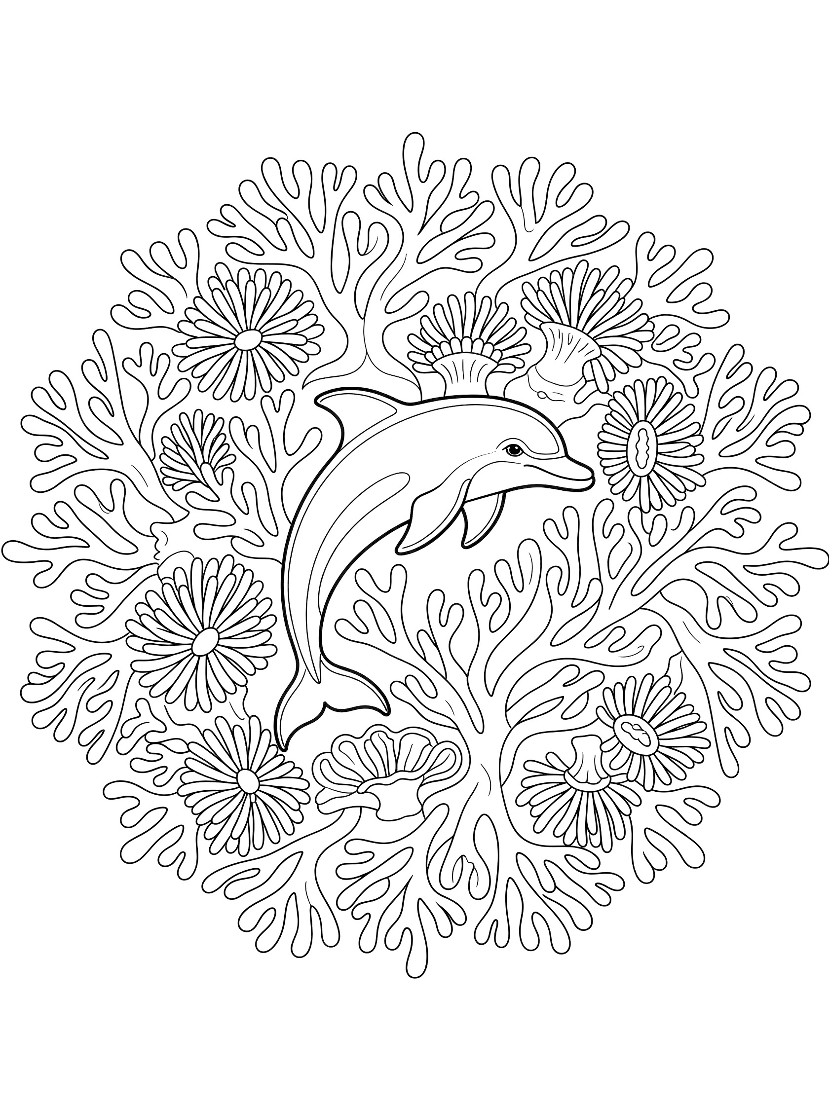 Black and white line art coloring page showing a dolphin swimming through a symmetrical mandala of coral, anemones, and seaweed on white background