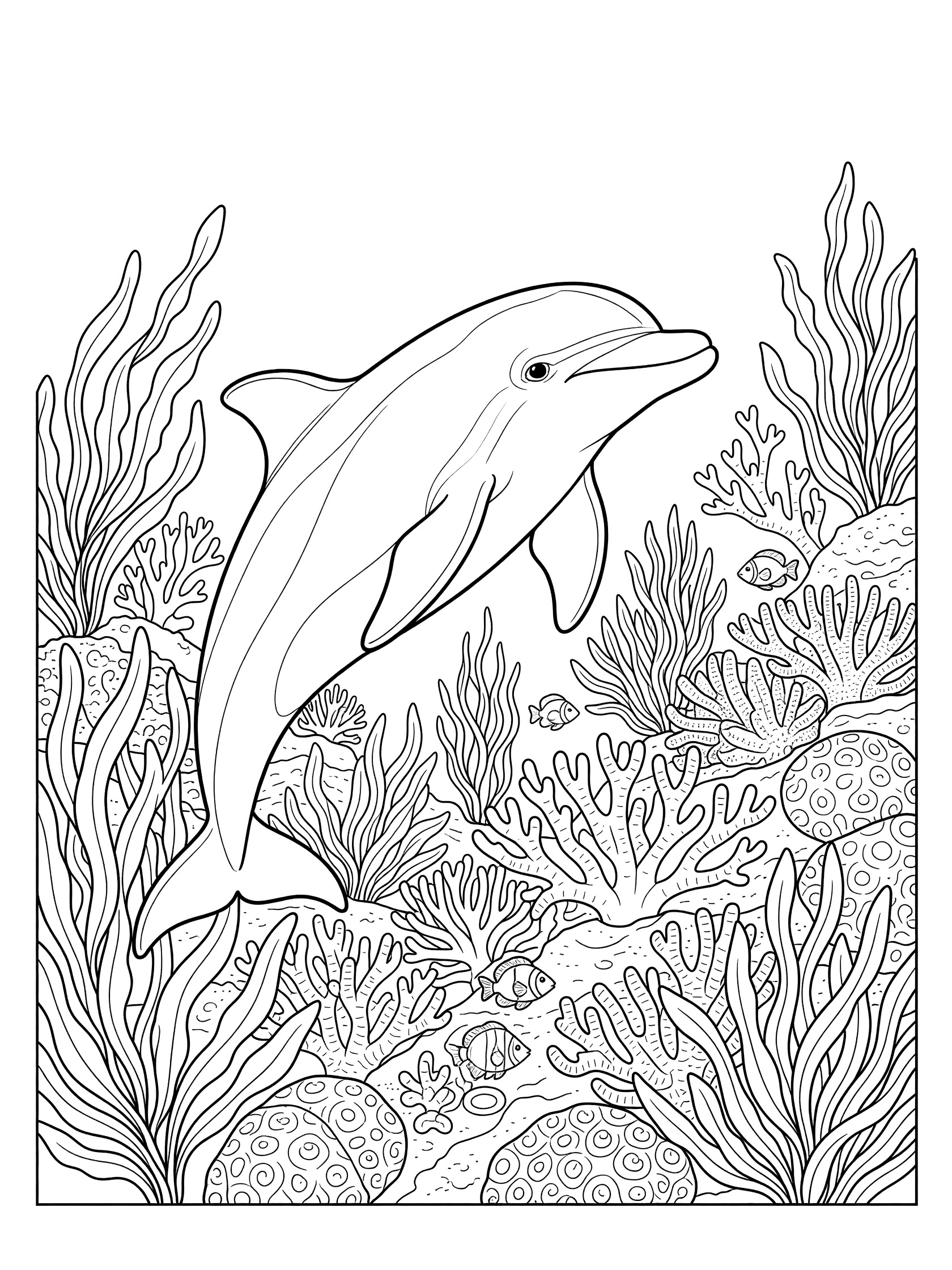 Black and white line art coloring page showing a dolphin leaping through a coral reef with seaweed branches and tiny fish hiding in the corals.