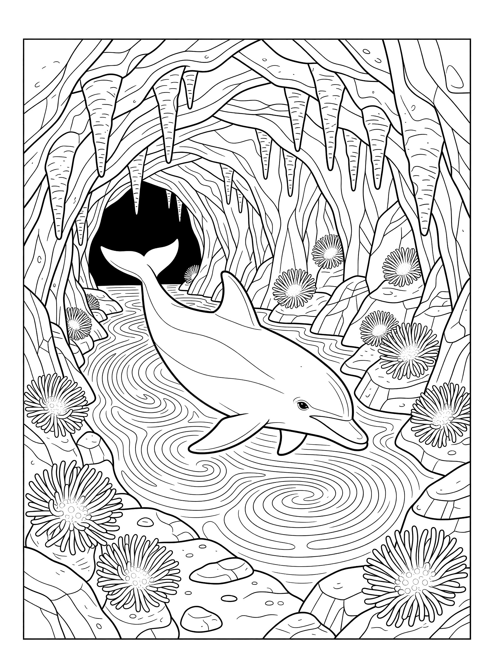 Black and white line art coloring page showing a dolphin entering a rocky underwater cave with hanging stalactites, round sea anemones, and swirling water lines.