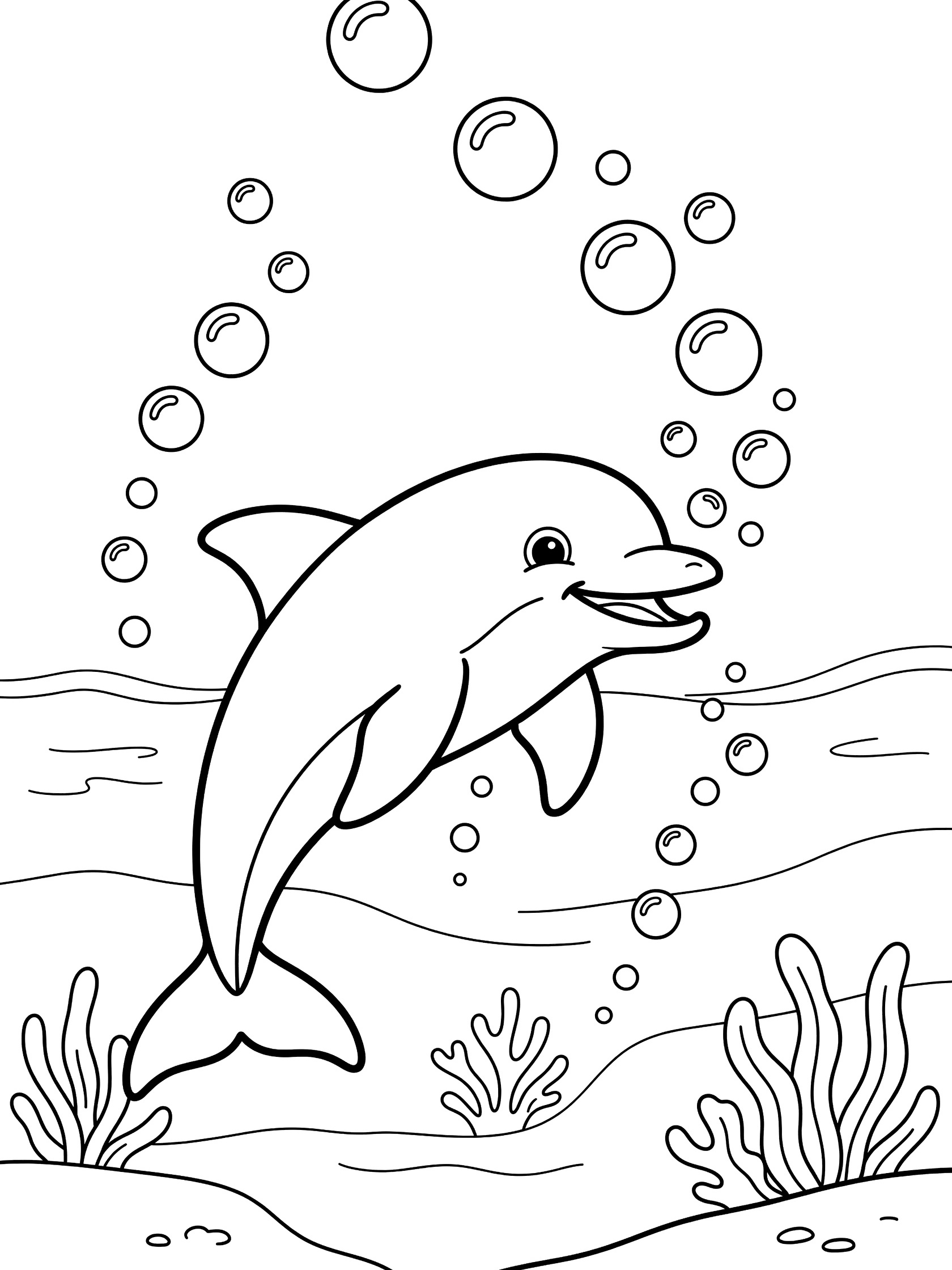 Black and white line art coloring page showing a smiling dolphin swimming underwater surrounded by large and small bubbles, with seaweed on the ocean floor.