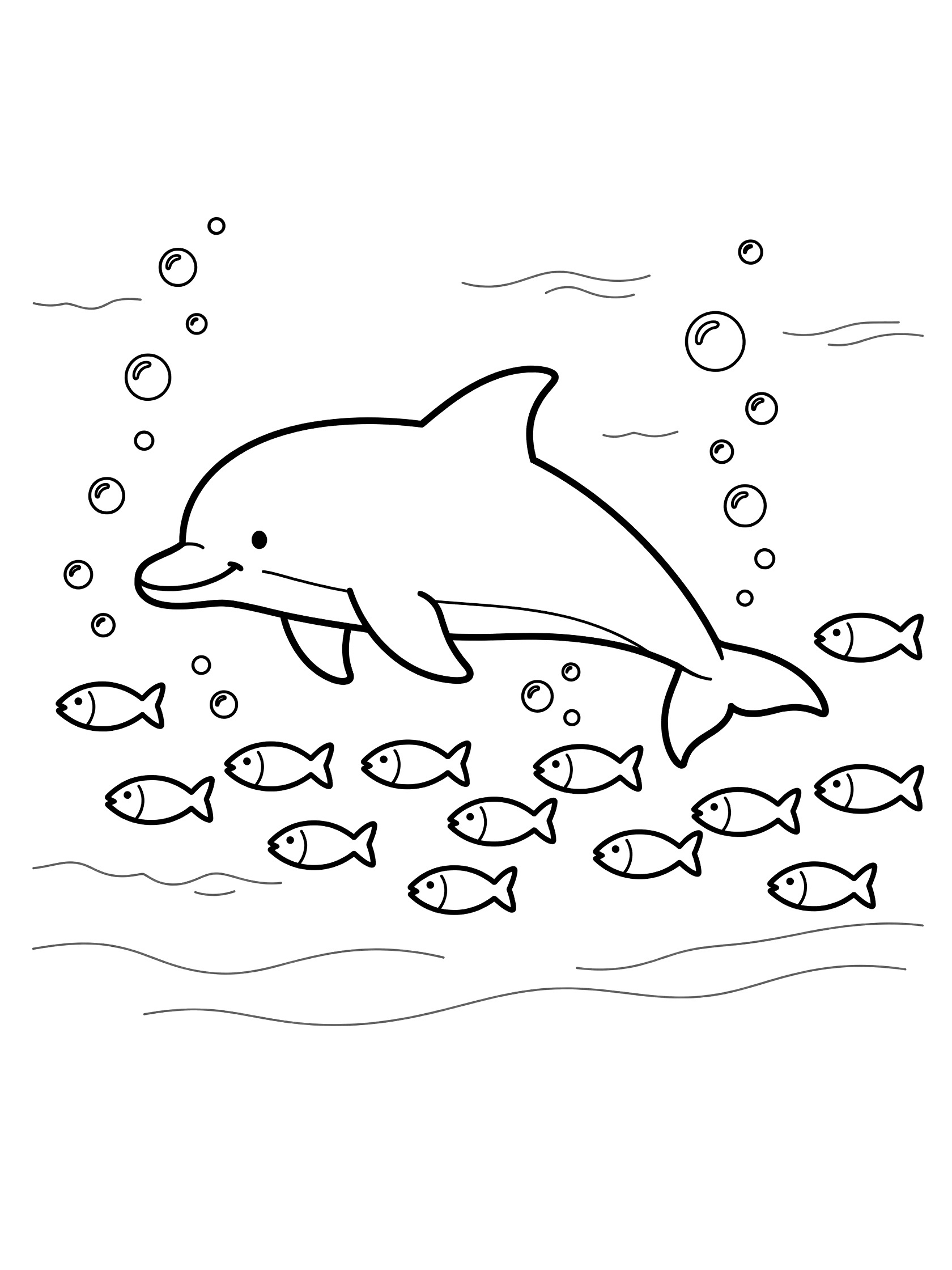 Black and white line art coloring page showing a dolphin swimming alongside small fish with bubbles and wavy sea lines.