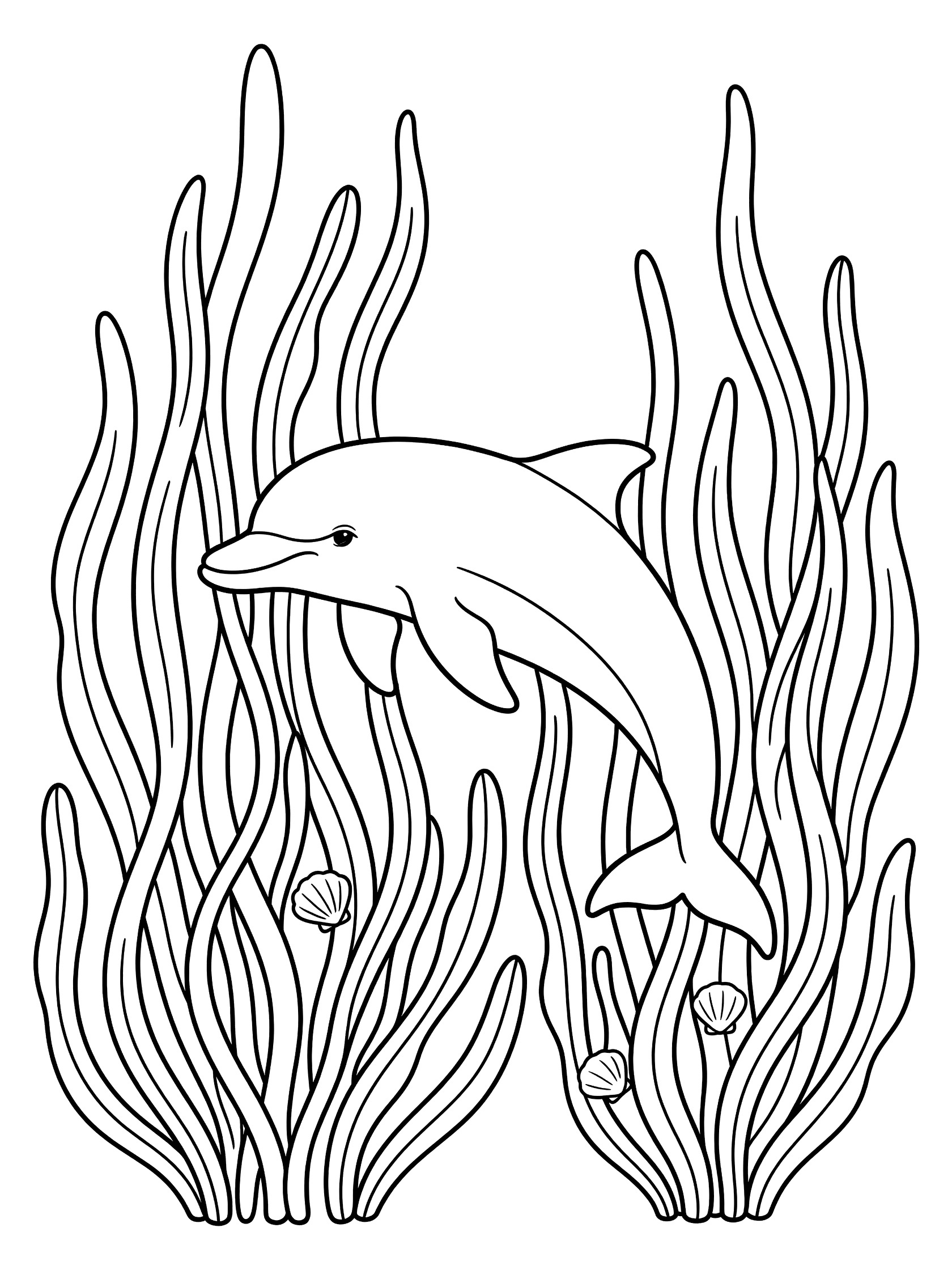 Black and white line art coloring page showing a dolphin weaving through swaying seaweed strands with tiny shells attached in the ocean.