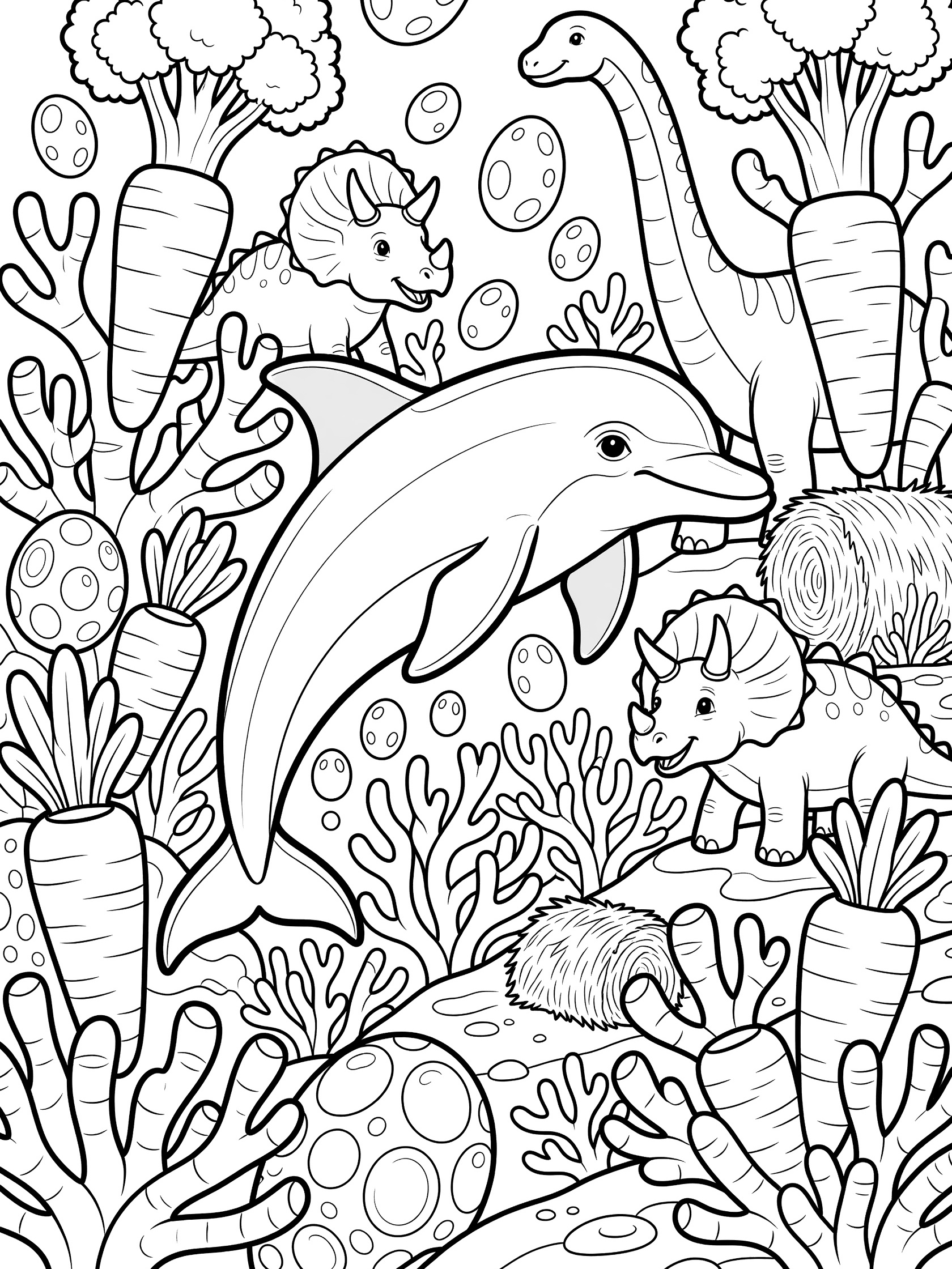 Black and white line art coloring page showing a smiling dolphin leaping near a tall long-neck dinosaur, two horned dinosaurs, orange carrots, rolled hay, floating eggs, bubbles and coral plants underwater. dolphin coral reef themed black and white printable line art