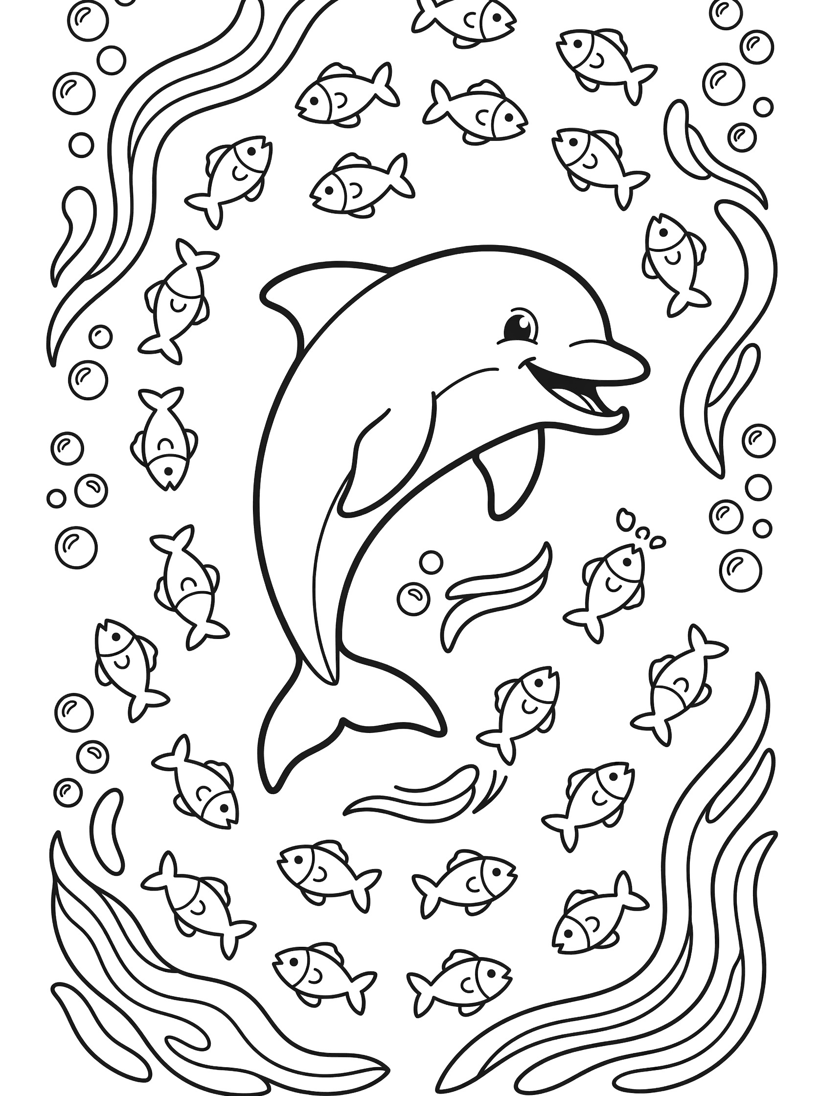 Black line art coloring page showing a smiling dolphin in the center leaping playfully, surrounded by small fish in patterns, wavy lines, and bubbles on white background.
