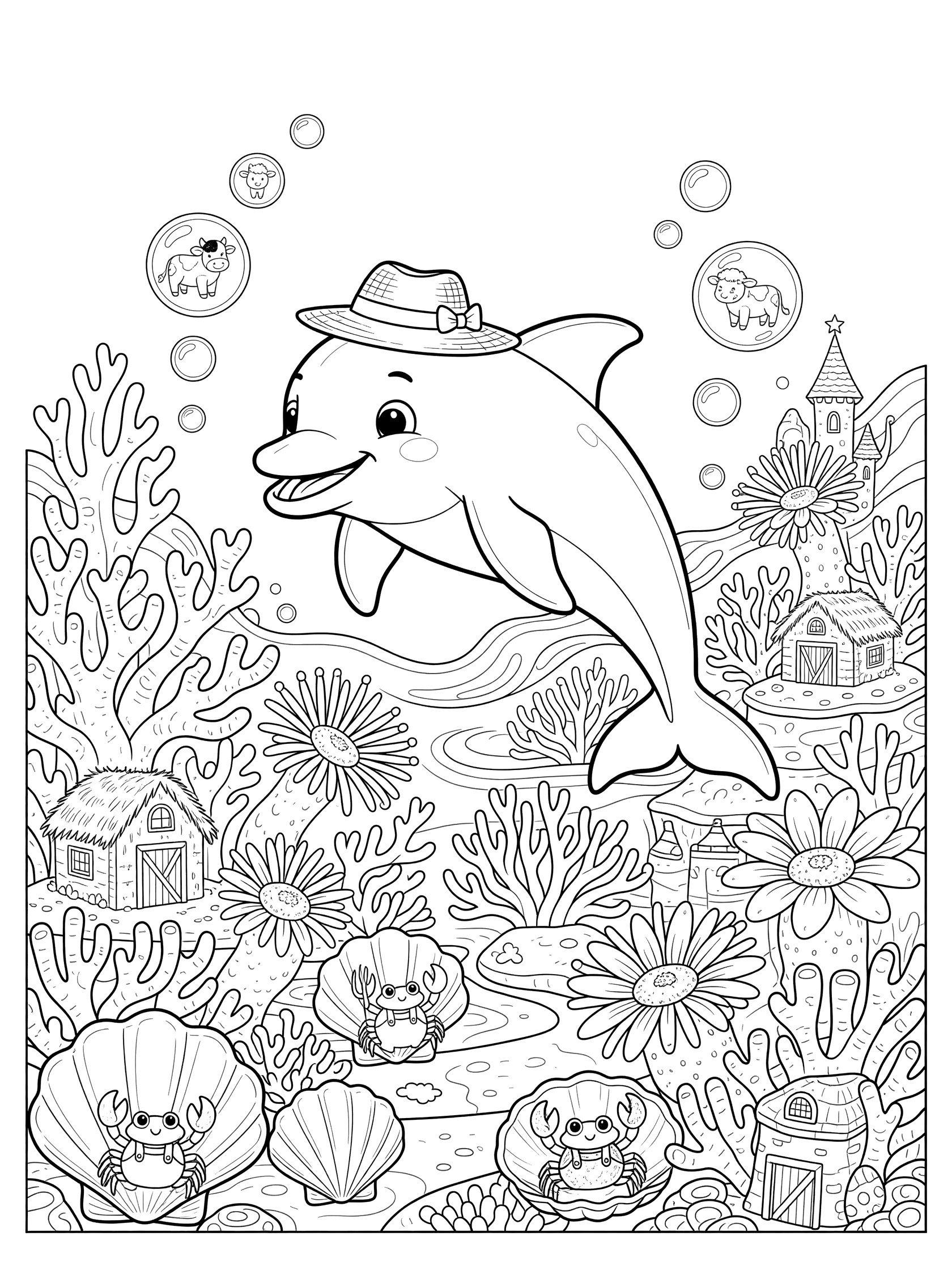 Printable coloring page showing a happy dolphin with a hat swimming in a whimsical coral reef scene with crabs, shells, flowers, bubbles, and fairy tale houses.