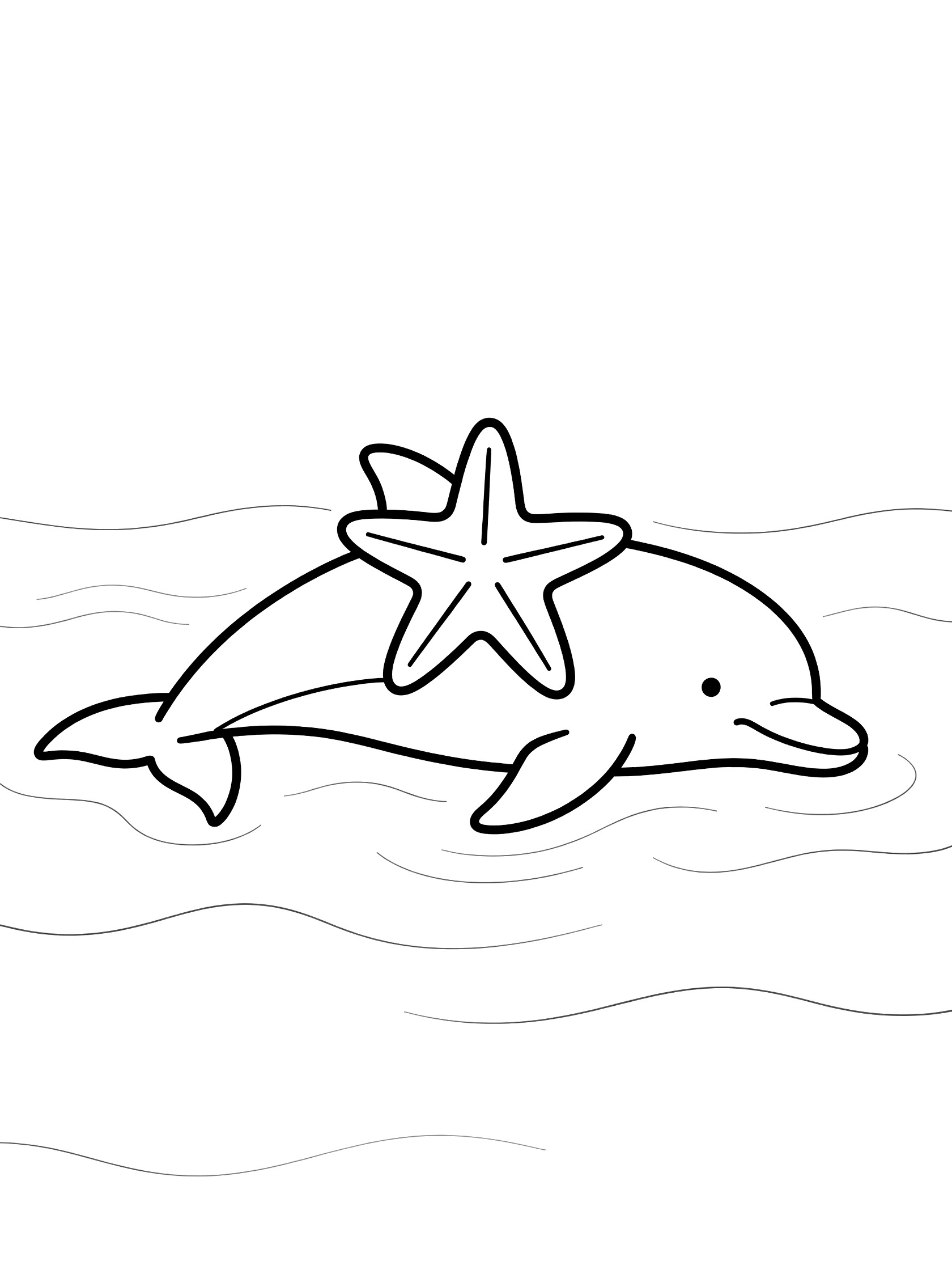 Black and white line art coloring page showing a happy dolphin lying in shallow waves with a starfish on its back