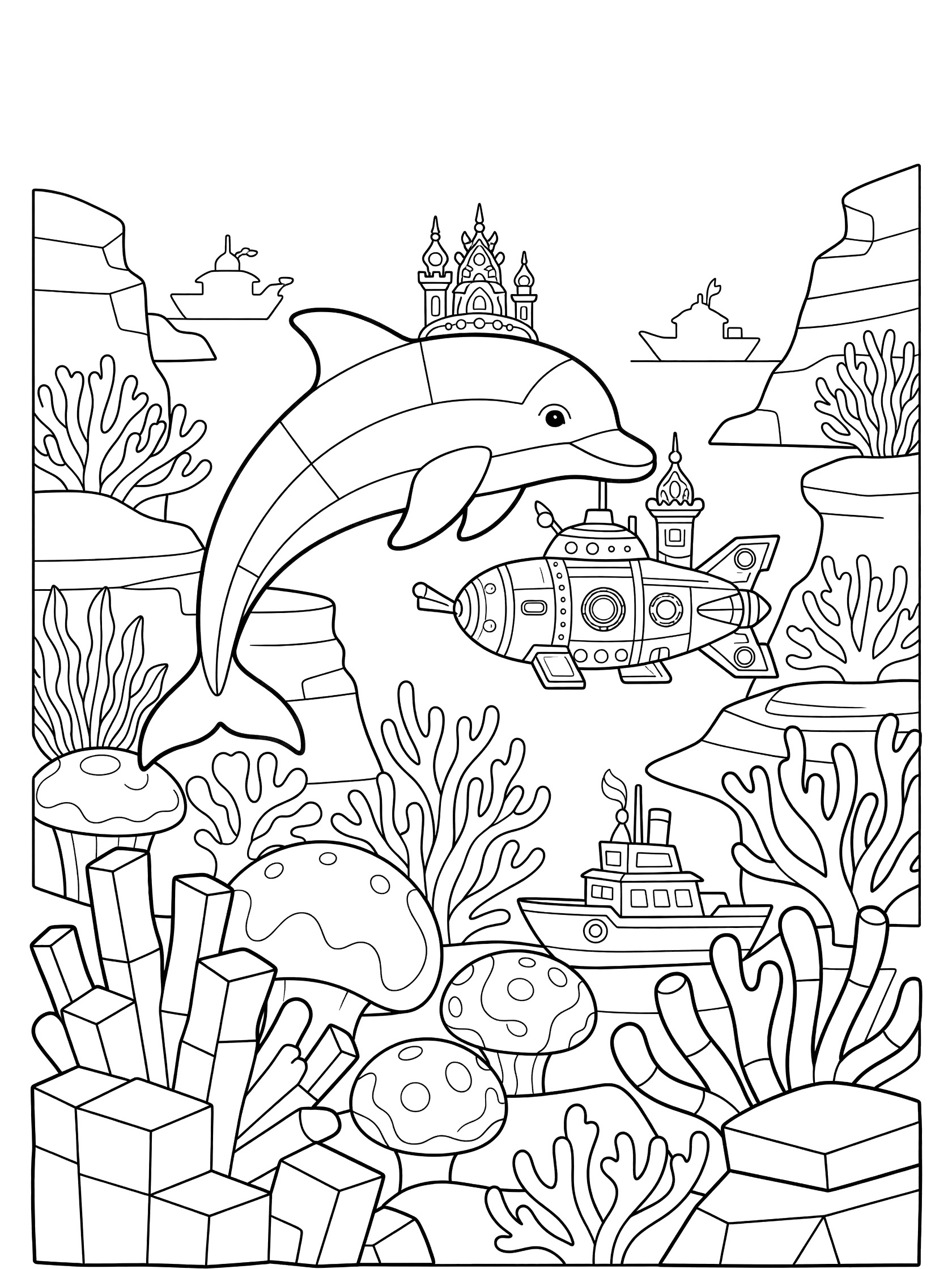 Printable coloring page showing a dolphin, submarine, and small boats in a coral reef scene with a fairy tale castle, simple geometric outlines.