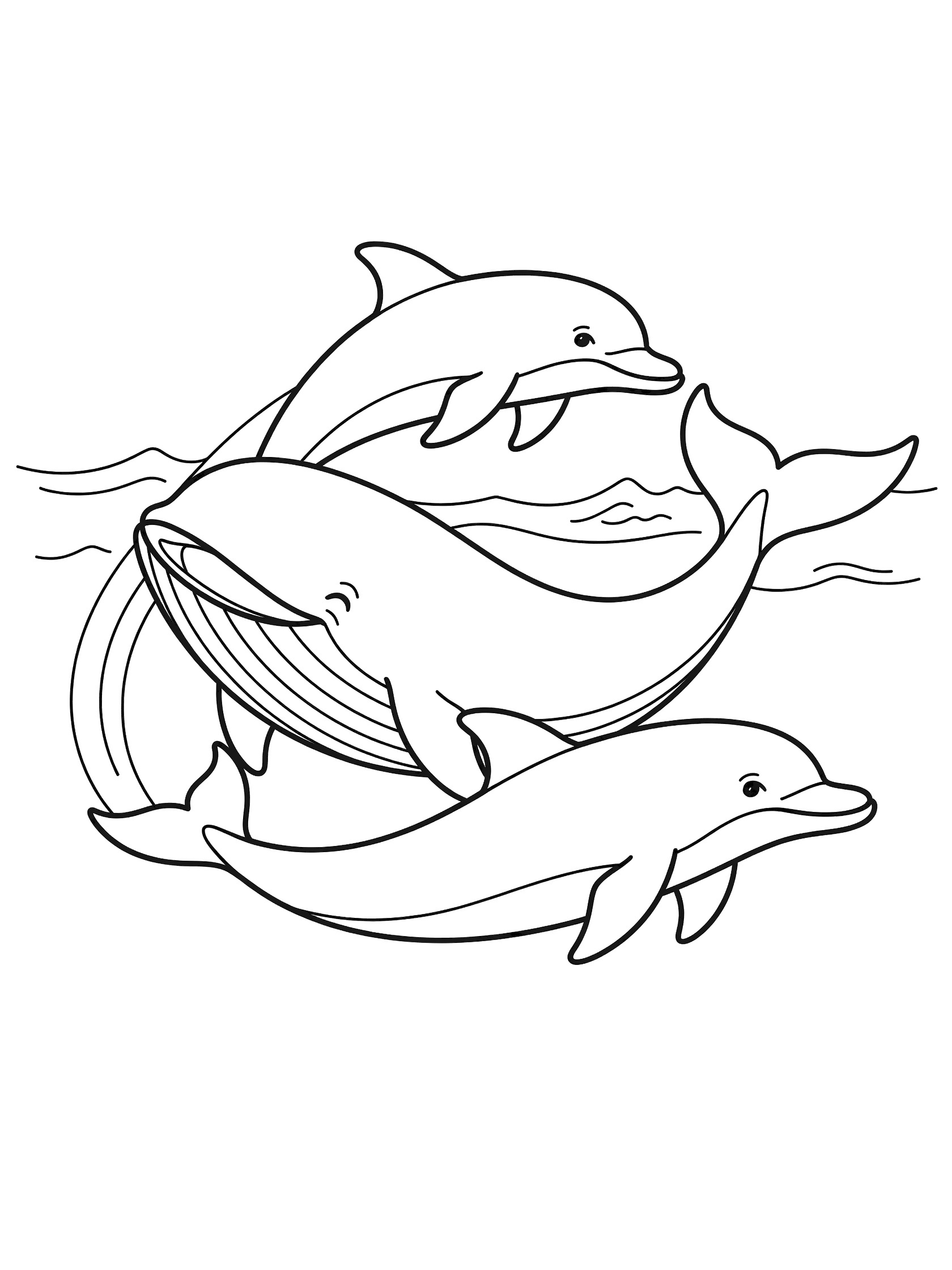 Black and white line art coloring page showing a large whale with two playful dolphins jumping nearby in wavy ocean water.