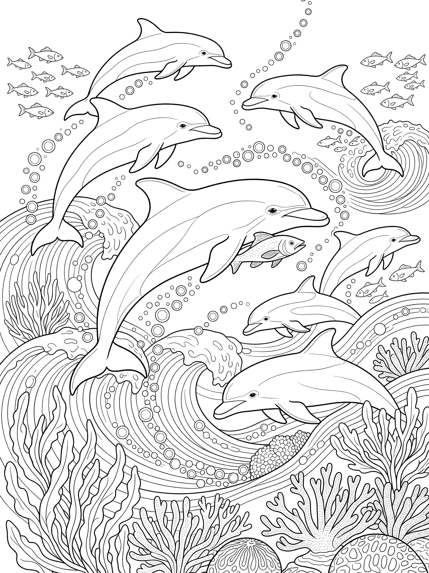 Black and white line art coloring page showing a group of dolphins leaping and swimming in ocean waves, surrounded by bubbles, small fish schools, seaweed, and coral reefs. Remora themed black and white printable line art