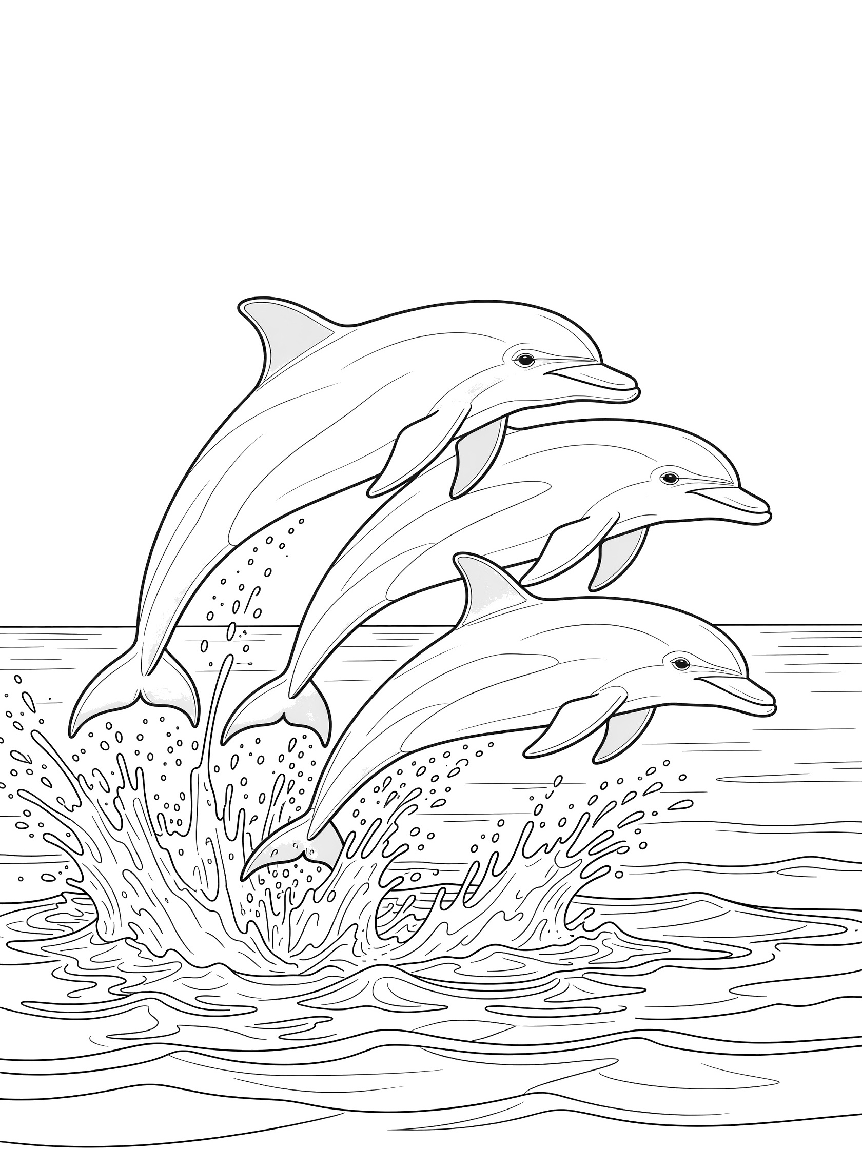 Black and white line art coloring page showing three dolphins jumping in sync from ocean waves with water splashes below.