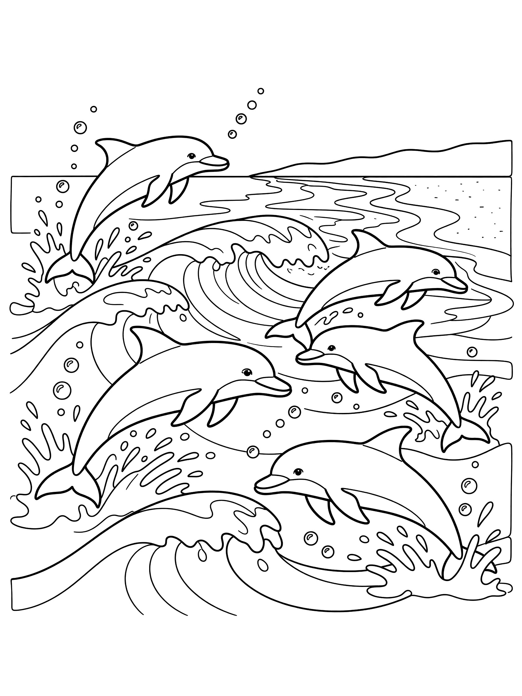 Black and white line art coloring page showing multiple dolphins jumping over curved ocean waves, with bubbles and water splashes. Bondi Beach themed black and white printable line art