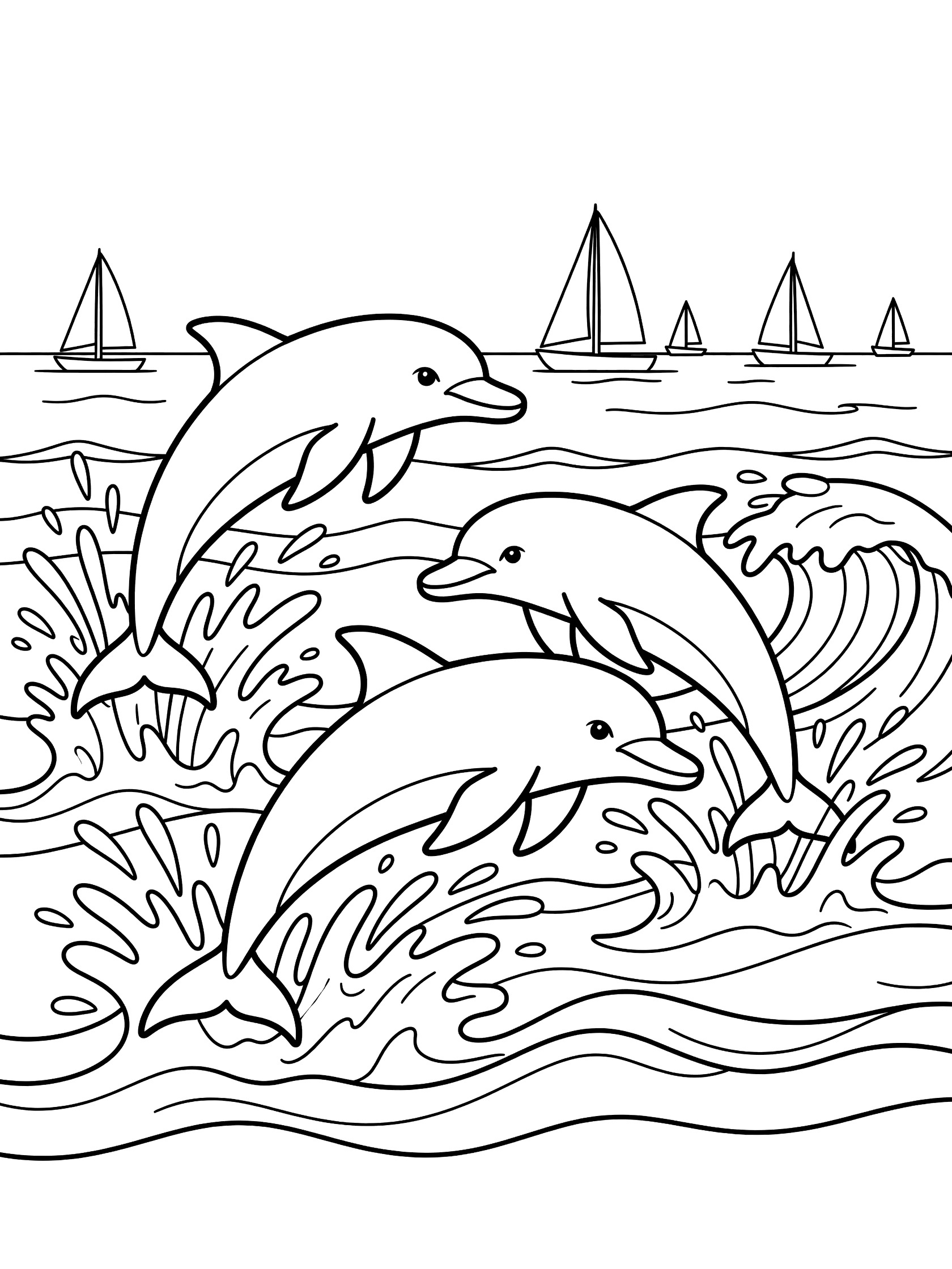 Black and white line art coloring page showing four dolphins jumping out of wavy ocean water with splashing drops and distant sailboats on the horizon. Cabo San Lucas themed black and white printable line art