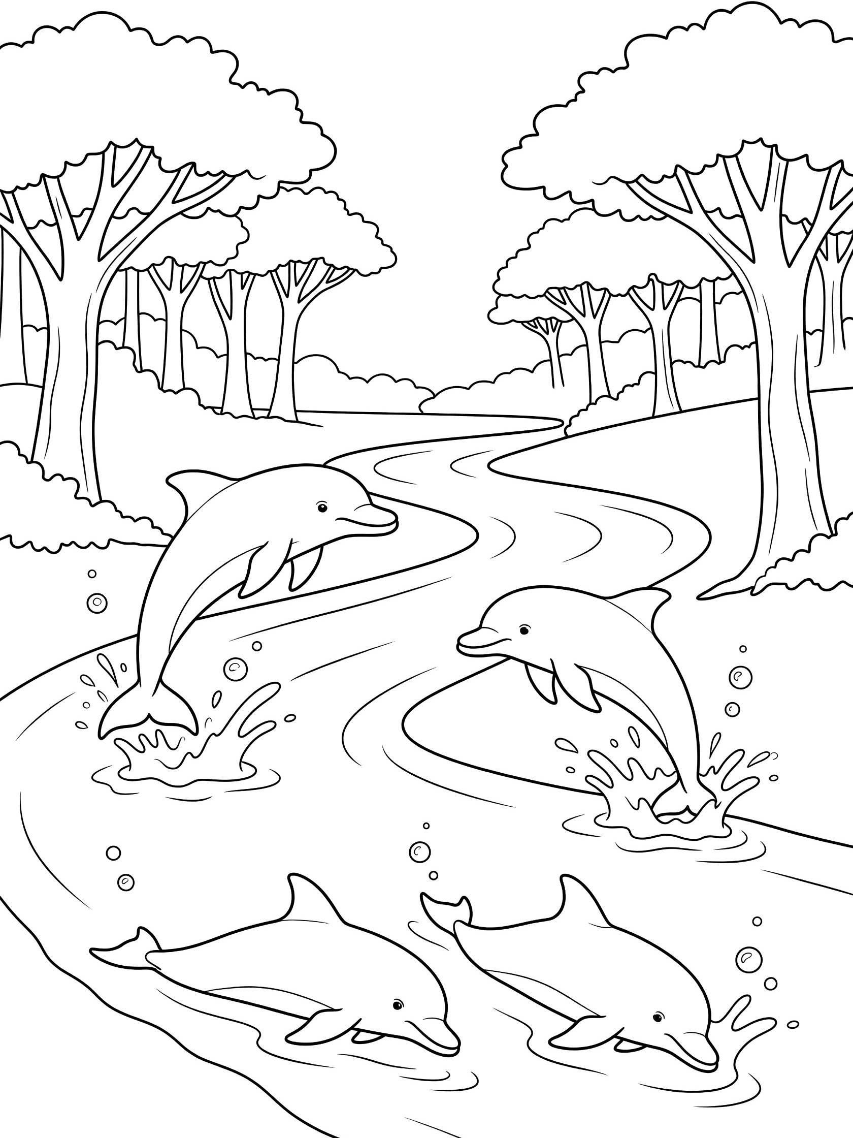 Black and white line art coloring page showing four dolphins jumping and swimming in a winding river surrounded by tall trees with water bubbles and splashes. Amazon River themed black and white printable line art