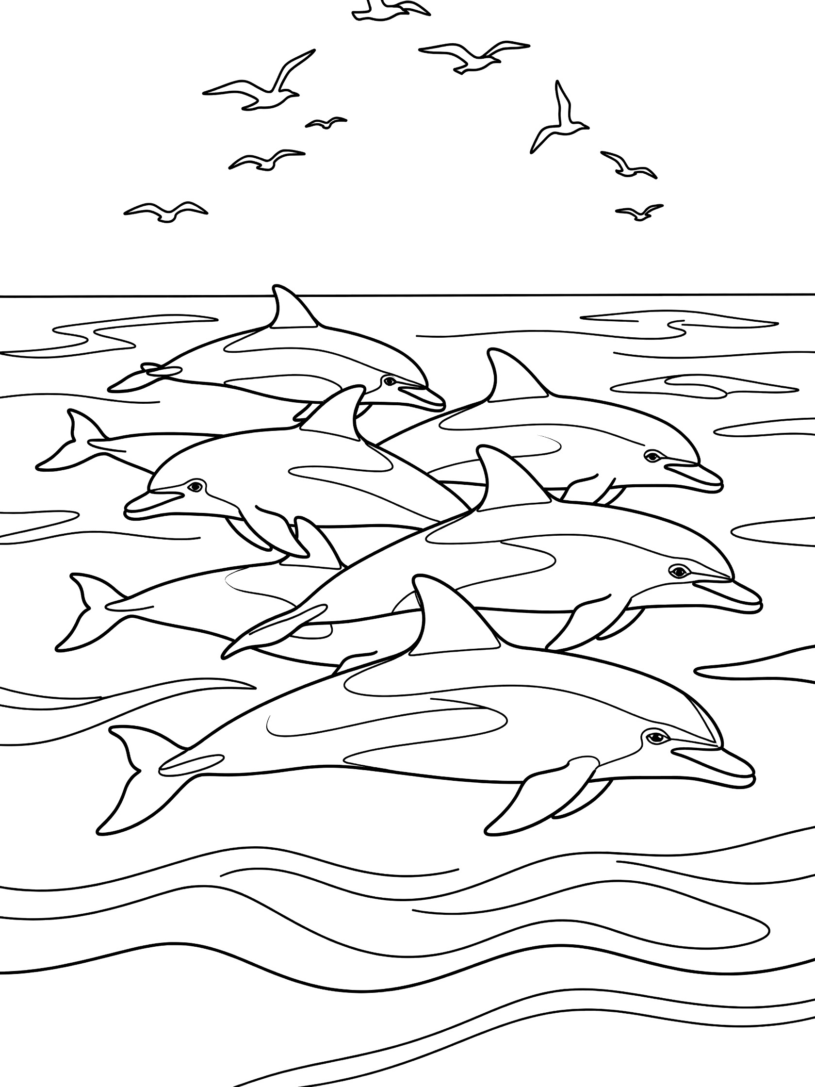 Black and white line art coloring page showing a group of dolphins swimming together in wavy water with seagulls circling overhead.