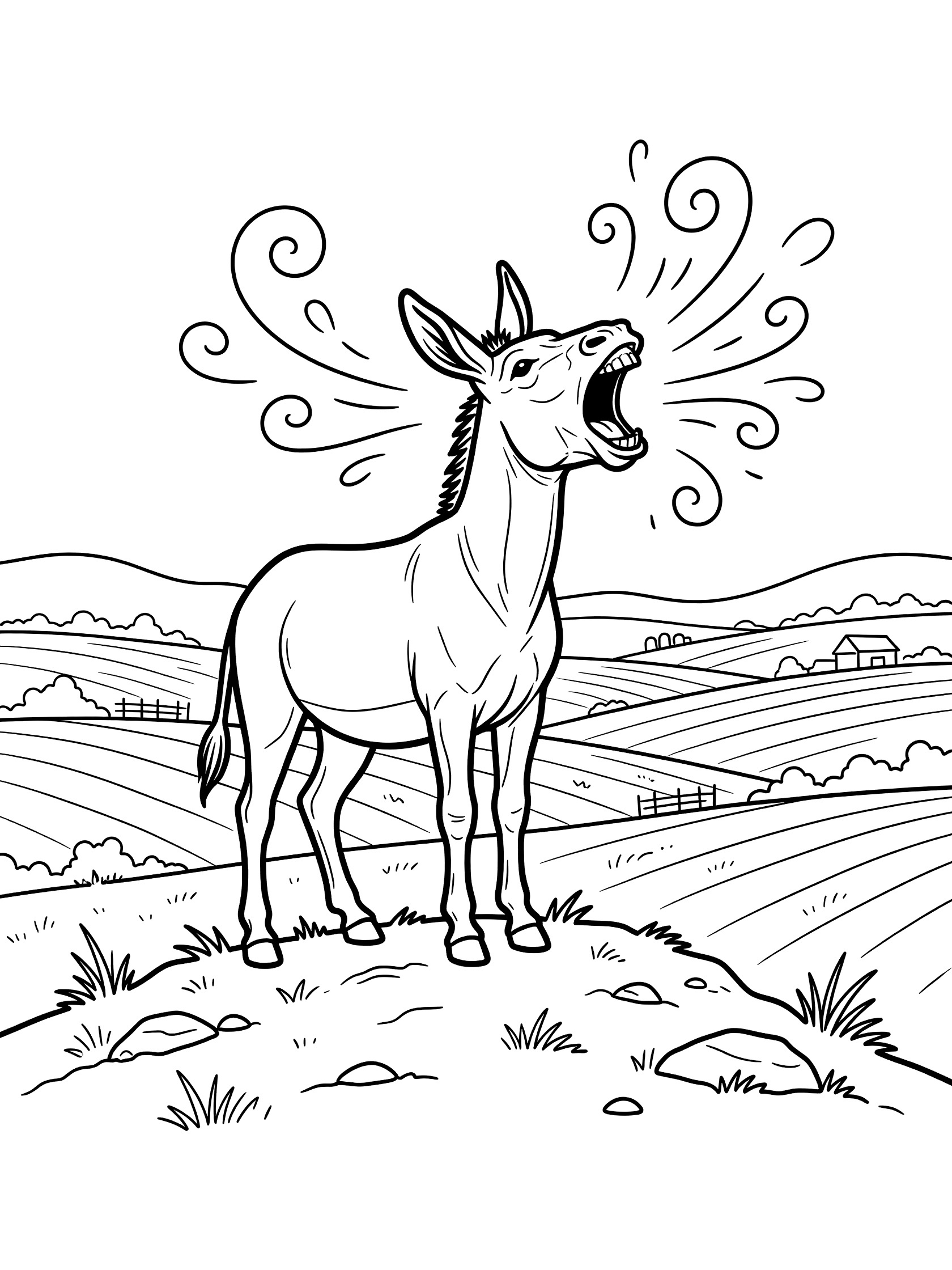 Black and white line art coloring page showing a donkey with open mouth braying, swirly sound lines, standing on grassy hill with rolling fields and fences below. Donkeys themed black and white printable line art