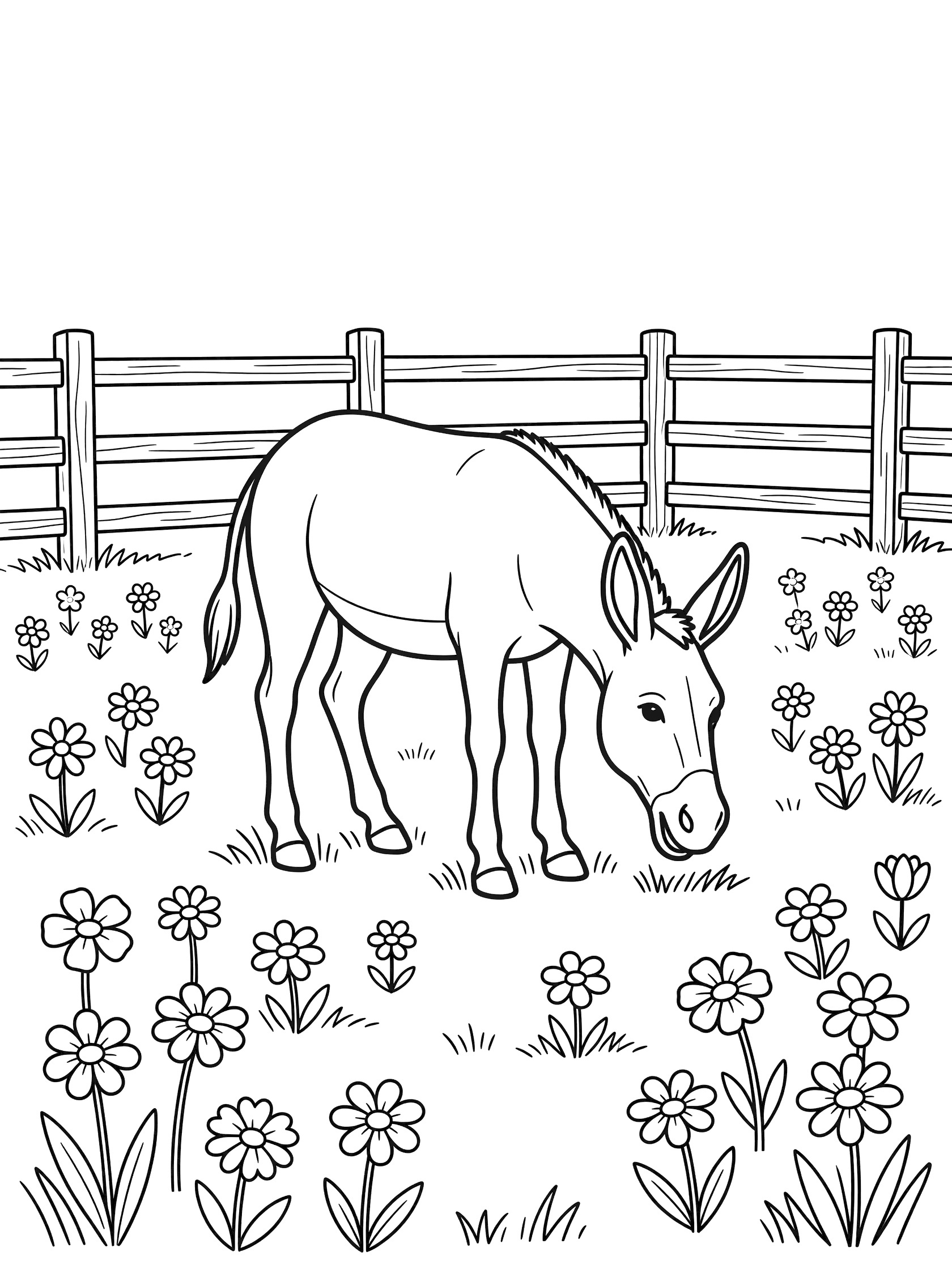 Black and white line drawing of a donkey with long ears grazing on grass in a field with wildflowers and a wooden fence. Mules themed black and white printable line art