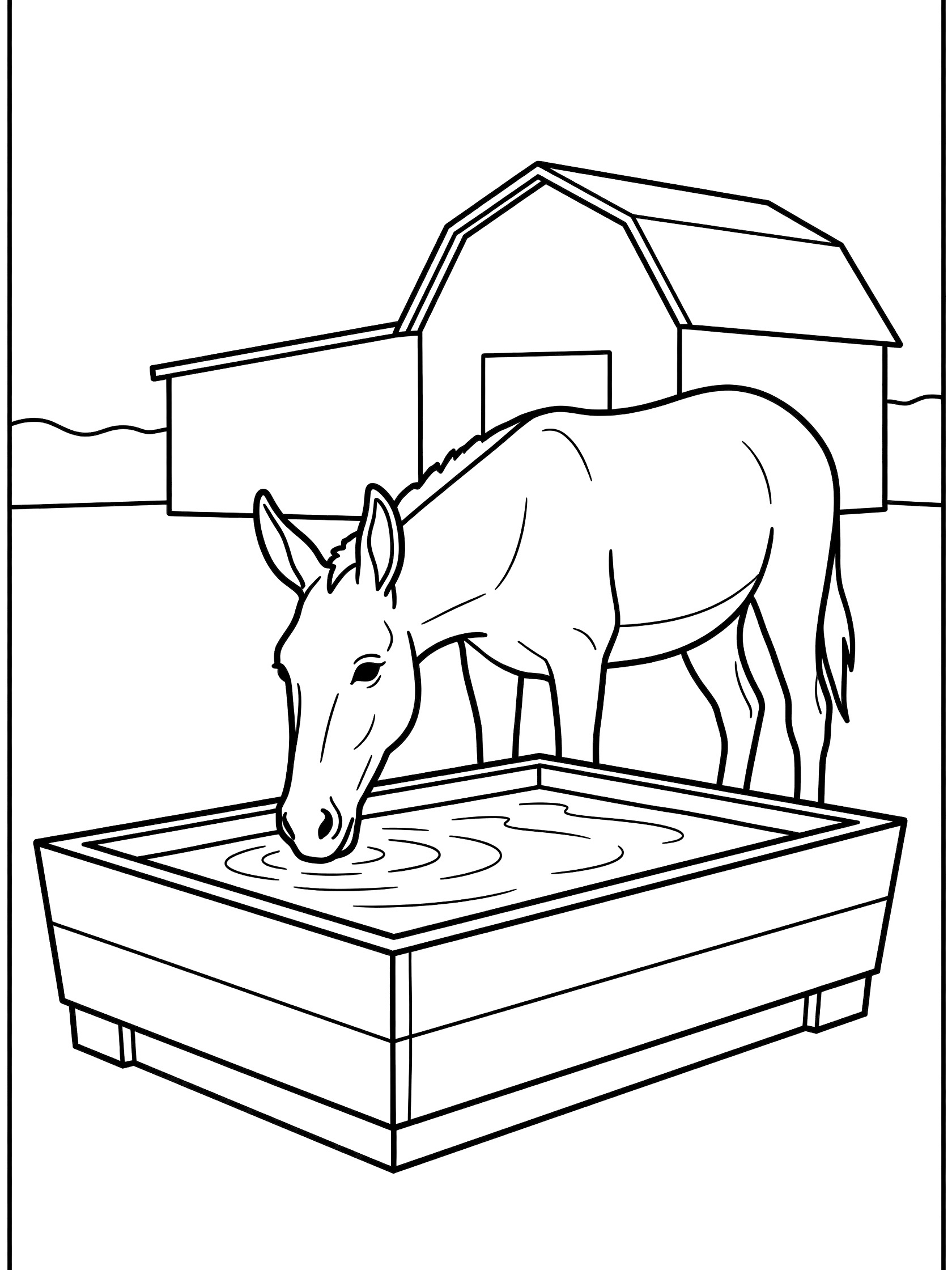 Printable coloring page showing a donkey with perked ears drinking water from a wooden trough near a barn on a farm. Mules themed black and white printable line art