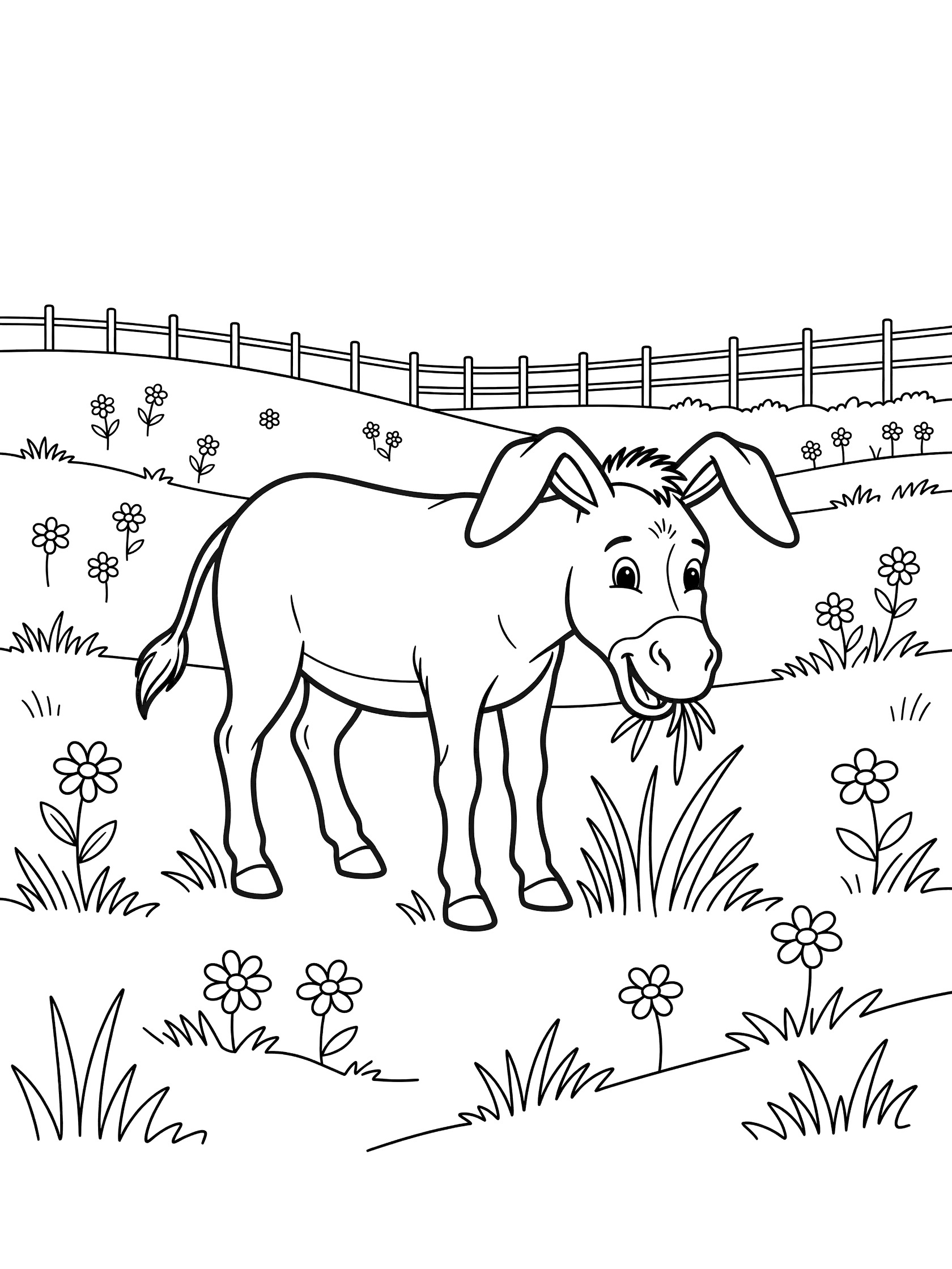 Black and white line drawing of a donkey with big ears eating grass in a meadow with flowers and a fence. Donkeys themed black and white printable line art