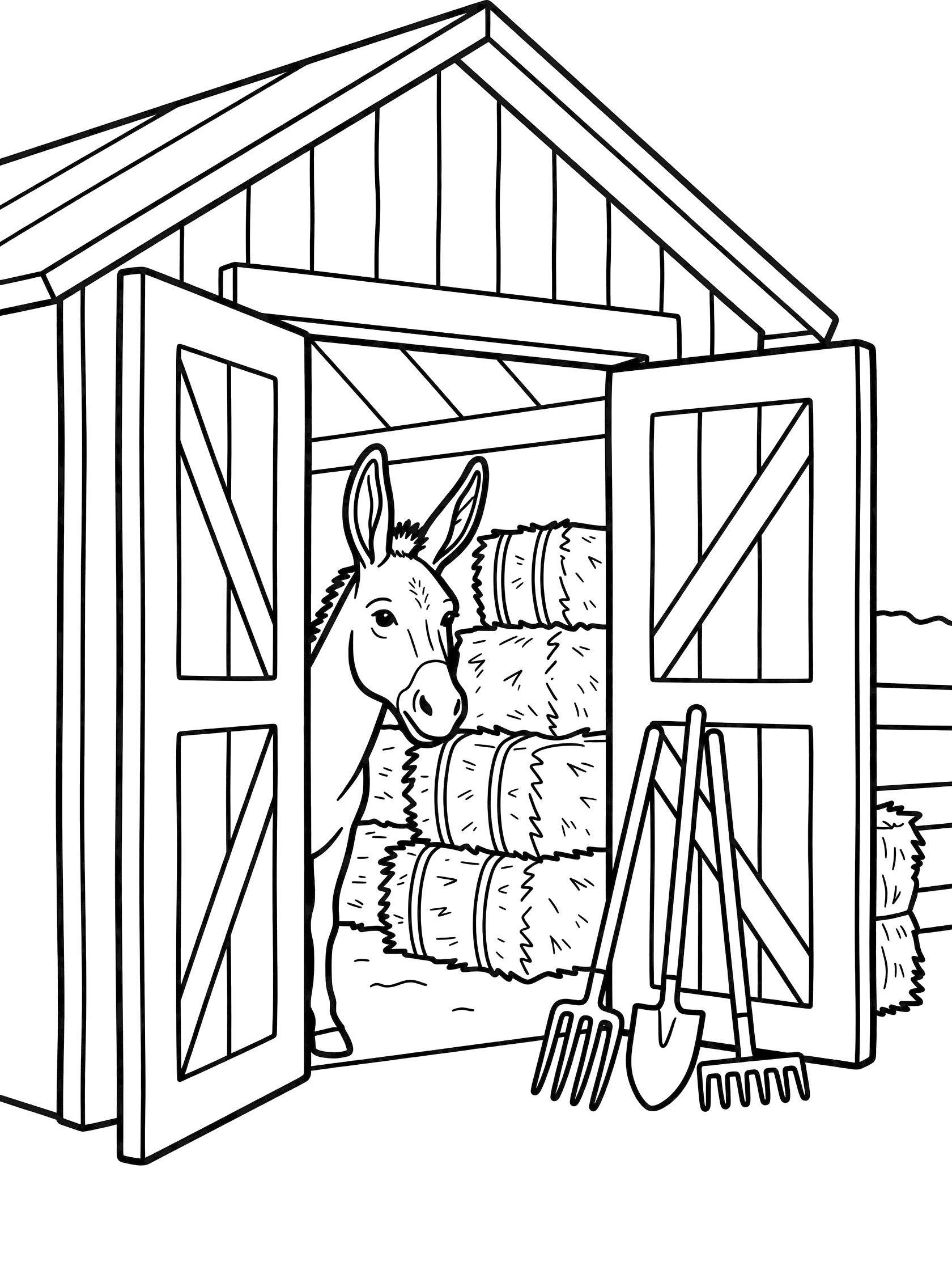 Black and white line art coloring page showing a donkey looking out from a barn with open doors, stacked hay bales inside, and pitchforks outside. Donkeys themed black and white printable line art