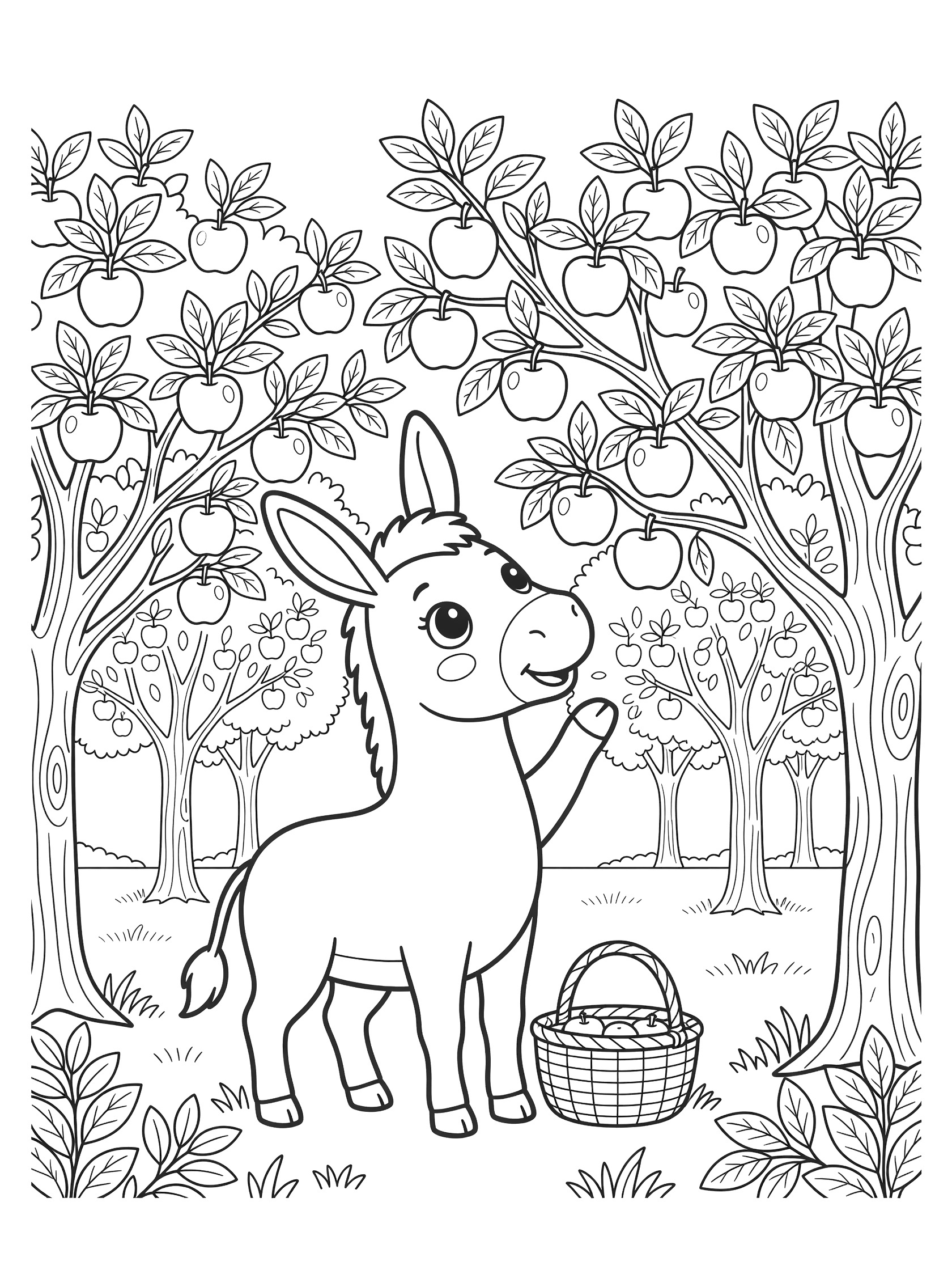 Black and white line art coloring page showing a donkey standing under apple trees, picking fruit into a basket in an orchard. Mules themed black and white printable line art