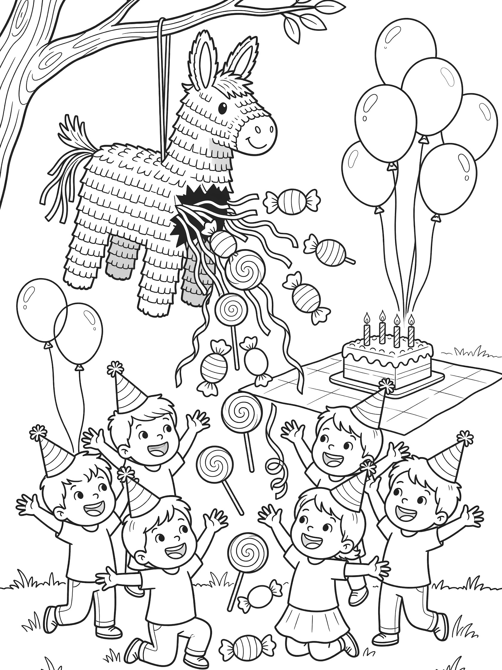 Line art coloring page showing a donkey-shaped piñata hanging from a tree branch, bursting with spilling candies and lollipops. Excited kids in party hats reach for treats near balloons, picnic blanket and birthday cake.