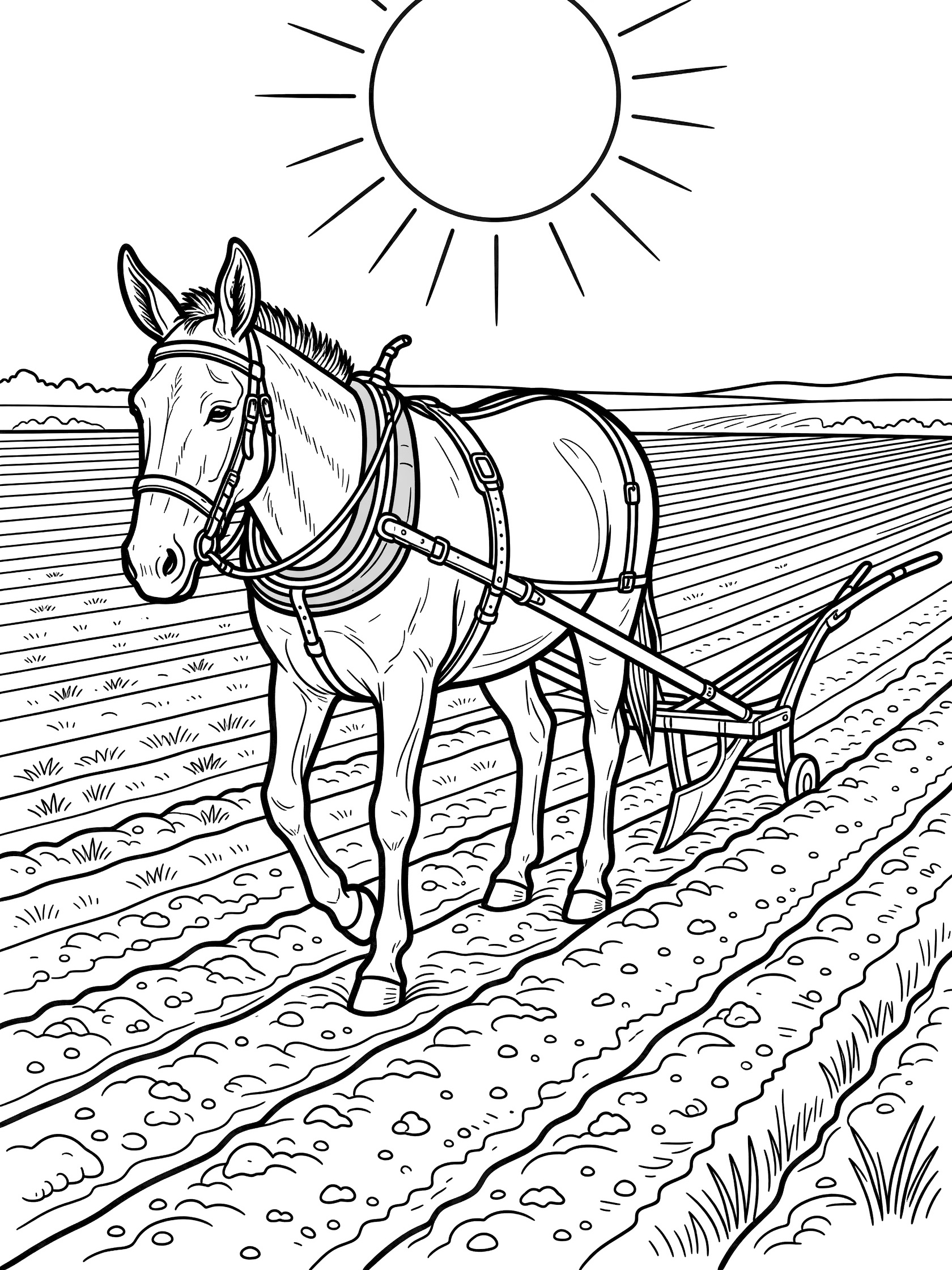 Black and white line art coloring page showing a donkey harnessed to a plow in a field with soil rows and a sun above. Mules themed black and white printable line art