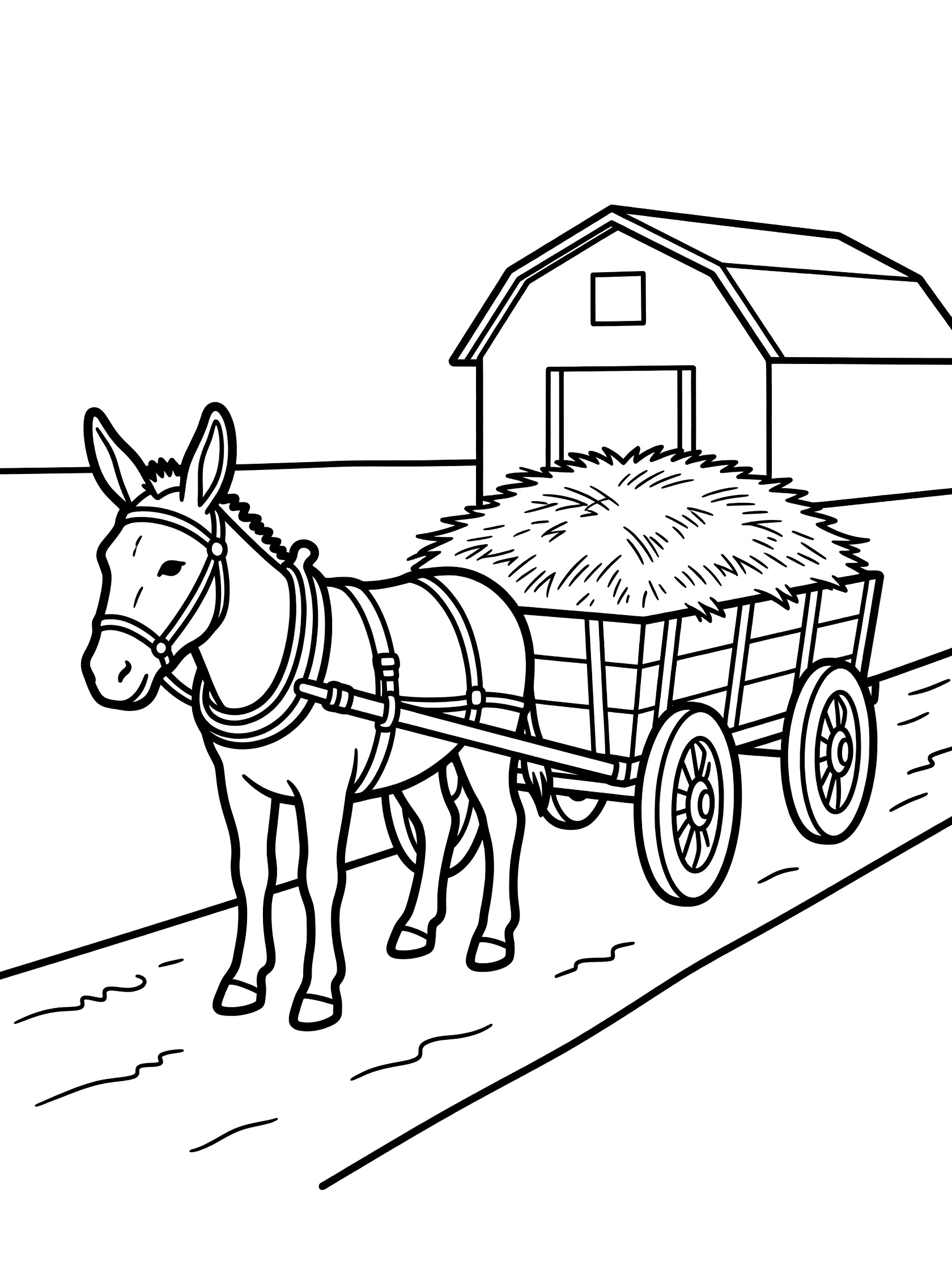 Black and white line art coloring page showing a sturdy donkey harnessed to a cart full of hay, walking on a path by a red barn with large wheels and ropes. Donkeys themed black and white printable line art