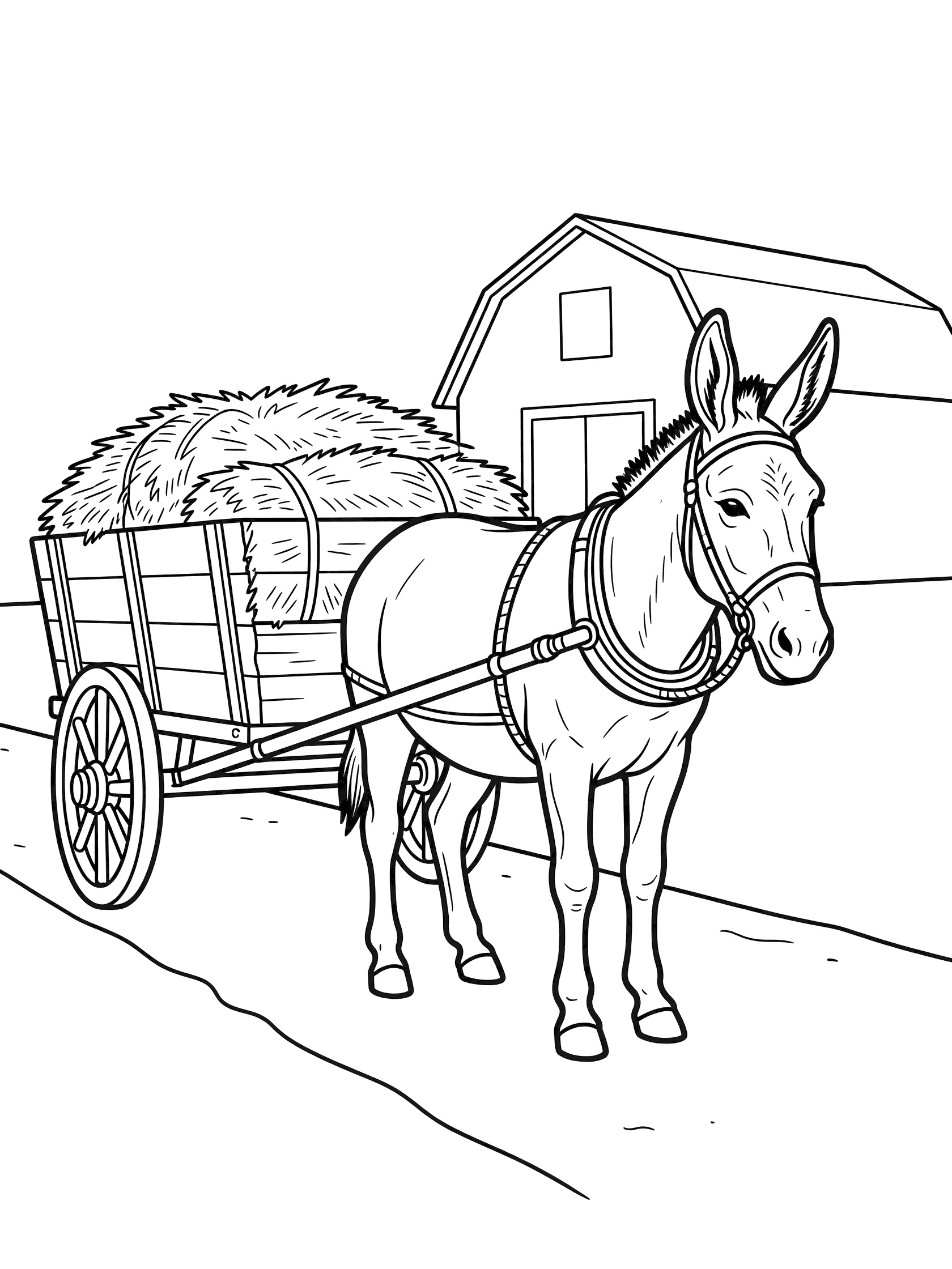 Black and white line art coloring page showing a donkey harnessed to a wooden cart full of hay bales, walking on a dirt path with a barn in the background. Donkeys themed black and white printable line art