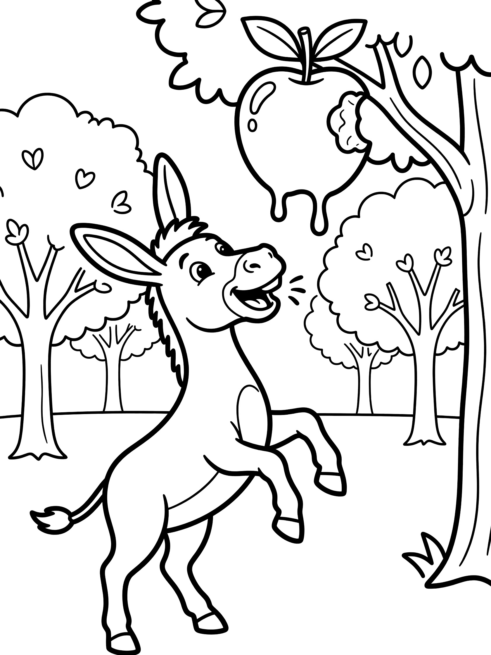 Black and white line art coloring page showing a donkey on hind legs reaching up to bite a large apple hanging from a tree branch with juice dripping, surrounded by orchard trees. Donkeys themed black and white printable line art