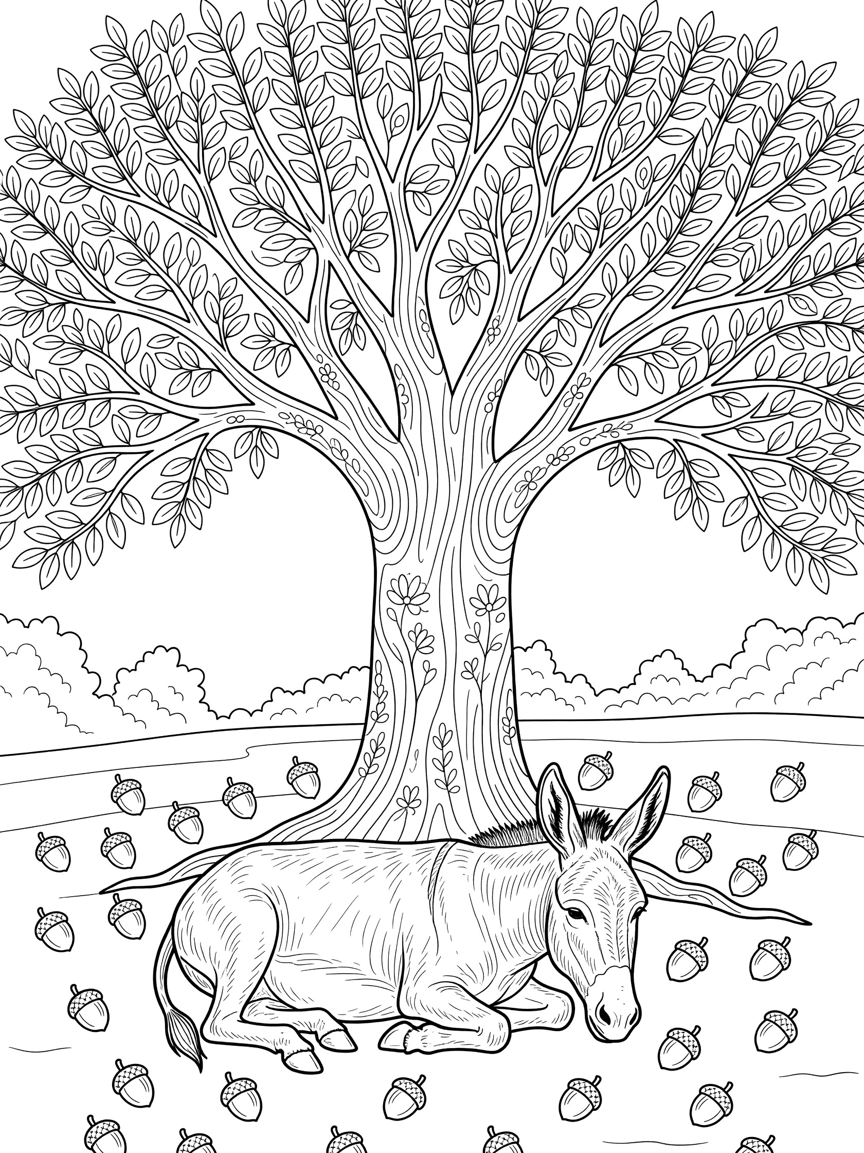 Black and white coloring page of a donkey lying down under a large tree with detailed leaves and scattered acorns around it. Donkeys themed black and white printable line art