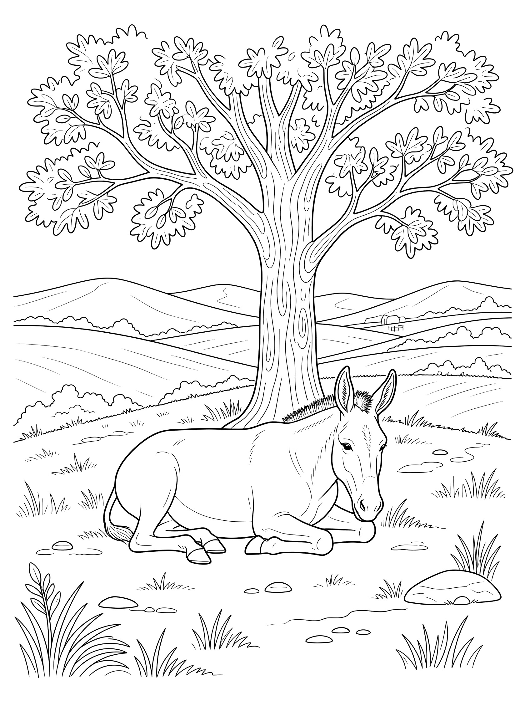 Black and white line art coloring page showing a donkey lying down under a large tree on grassy hill with fields and hills in background. Mules themed black and white printable line art