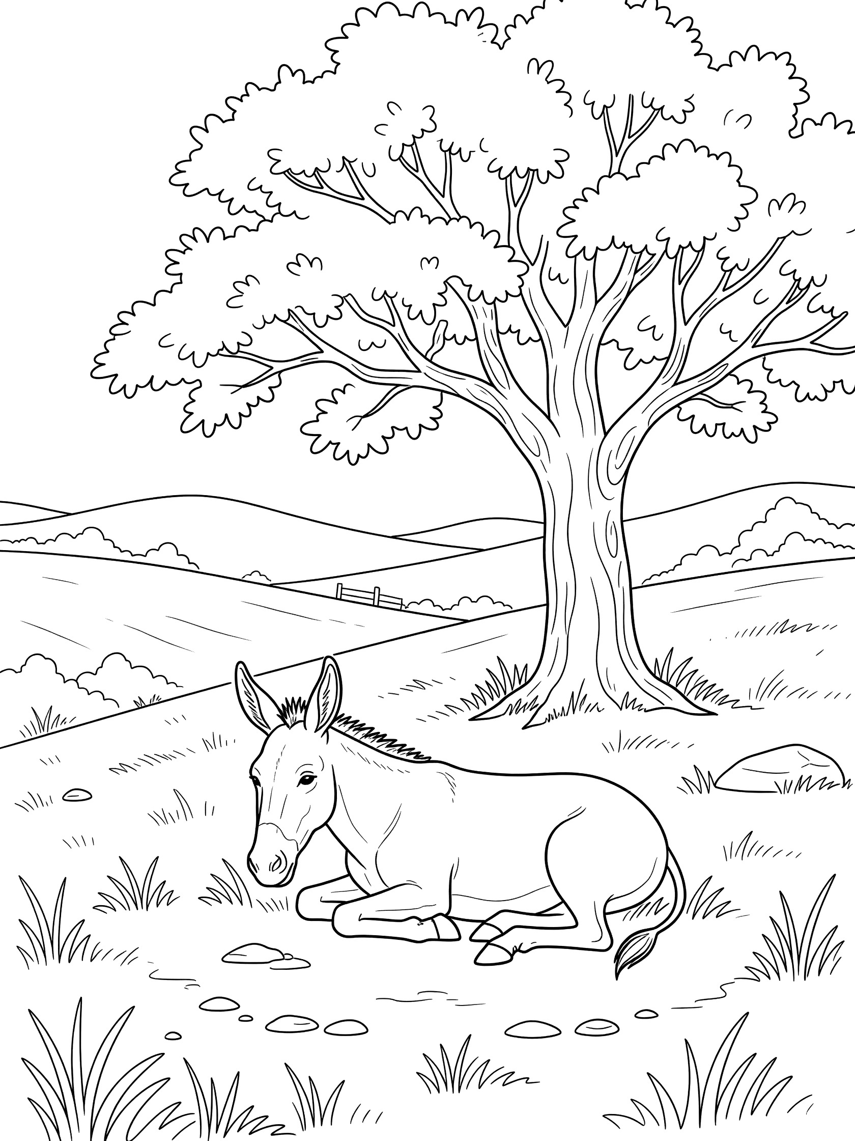 Black and white line art coloring page showing a donkey lying down under a large tree with leafy branches, grass, rocks, and hills in the background. Mules themed black and white printable line art