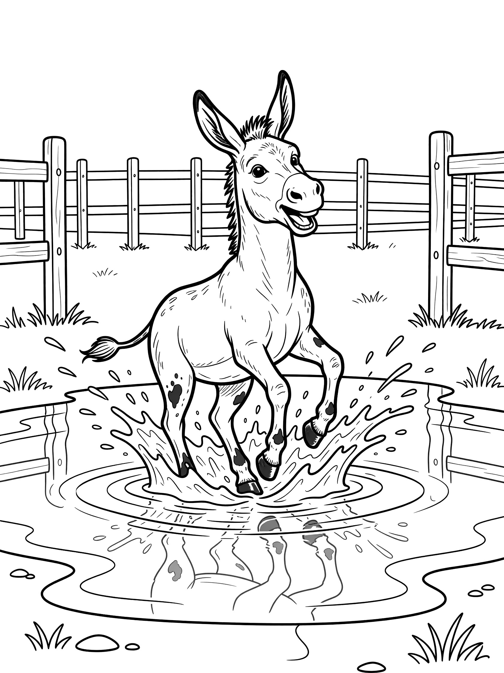 Black and white line art coloring page showing a donkey jumping in a puddle with splashing water, mud spots on legs, farm fence reflections, and grass. Donkeys themed black and white printable line art