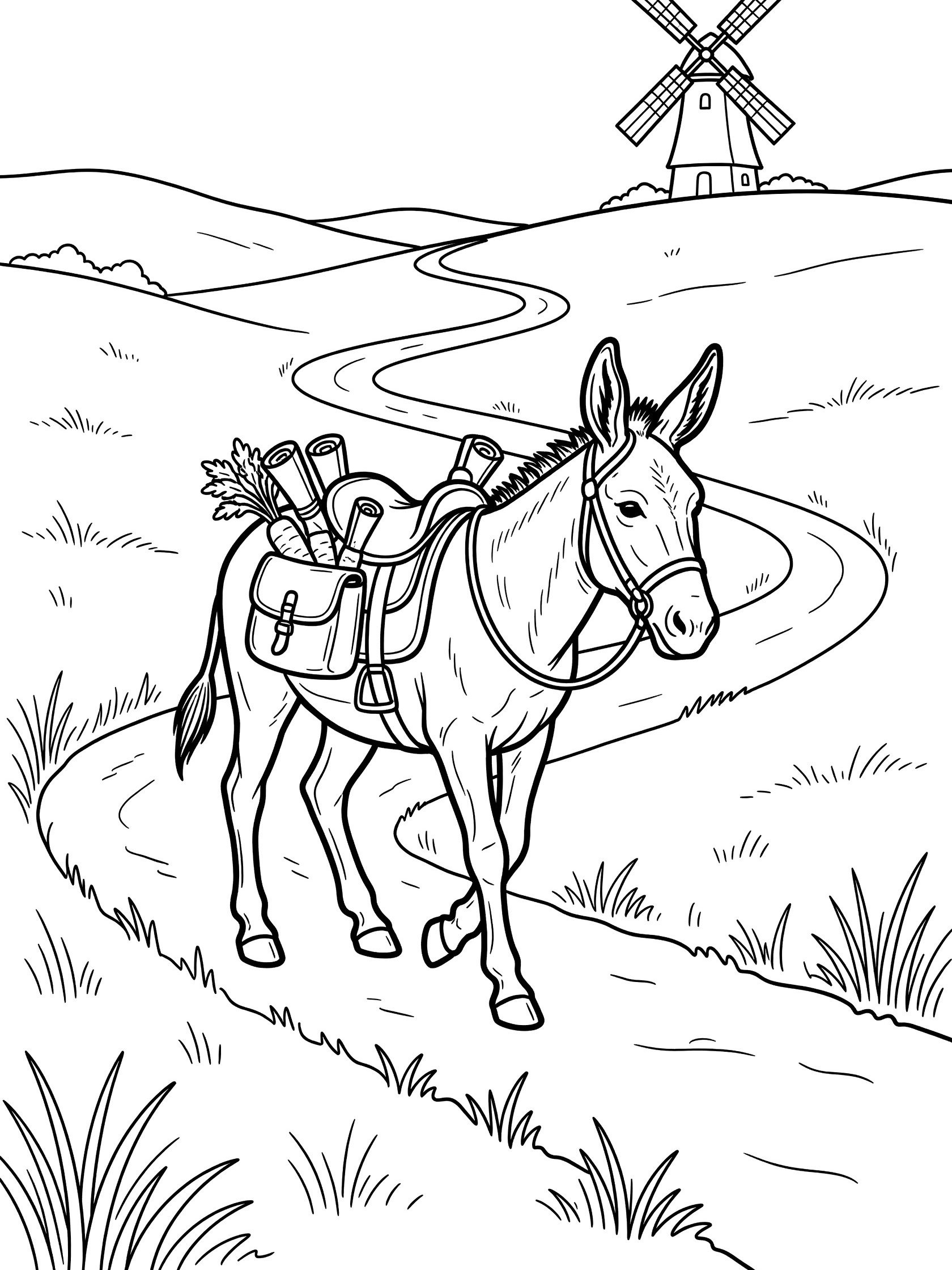 Black and white line art coloring page showing a donkey with saddlebags full of carrots trotting on a winding trail through grassy hills toward a windmill. Donkeys themed black and white printable line art