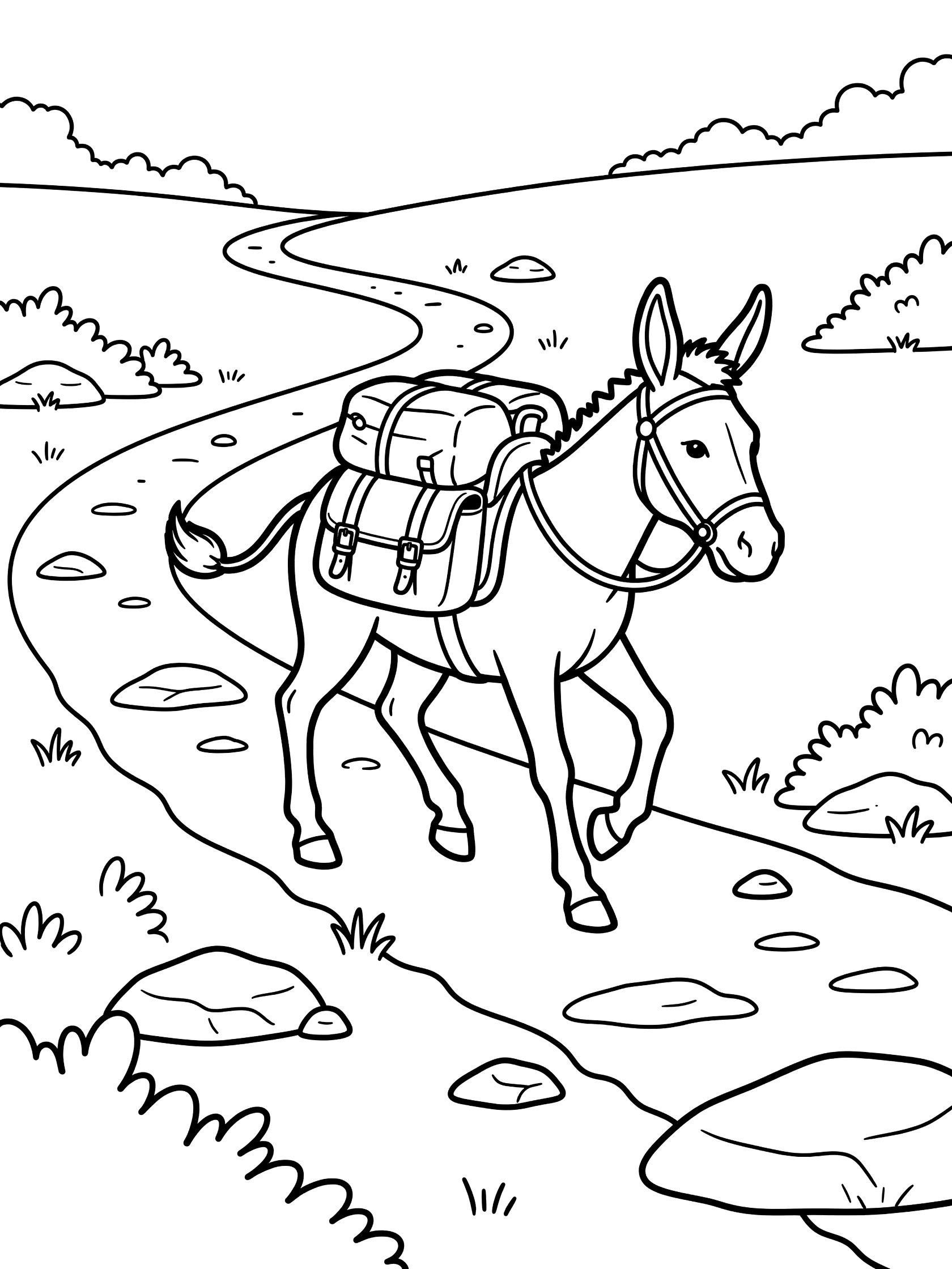 Black and white line art coloring page showing a donkey with bulging saddlebags and curly tail walking on a rocky trail past bushes. Mules themed black and white printable line art
