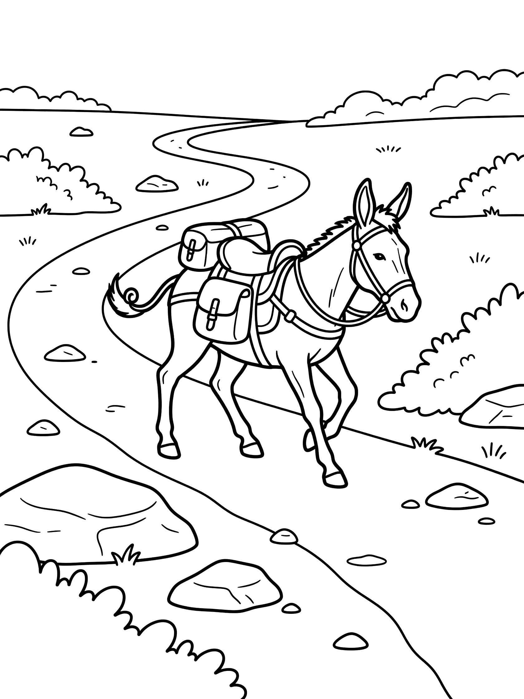 Black and white line art coloring page showing a donkey with large saddlebags trotting on a curvy trail past rocks and bushes. Mules themed black and white printable line art