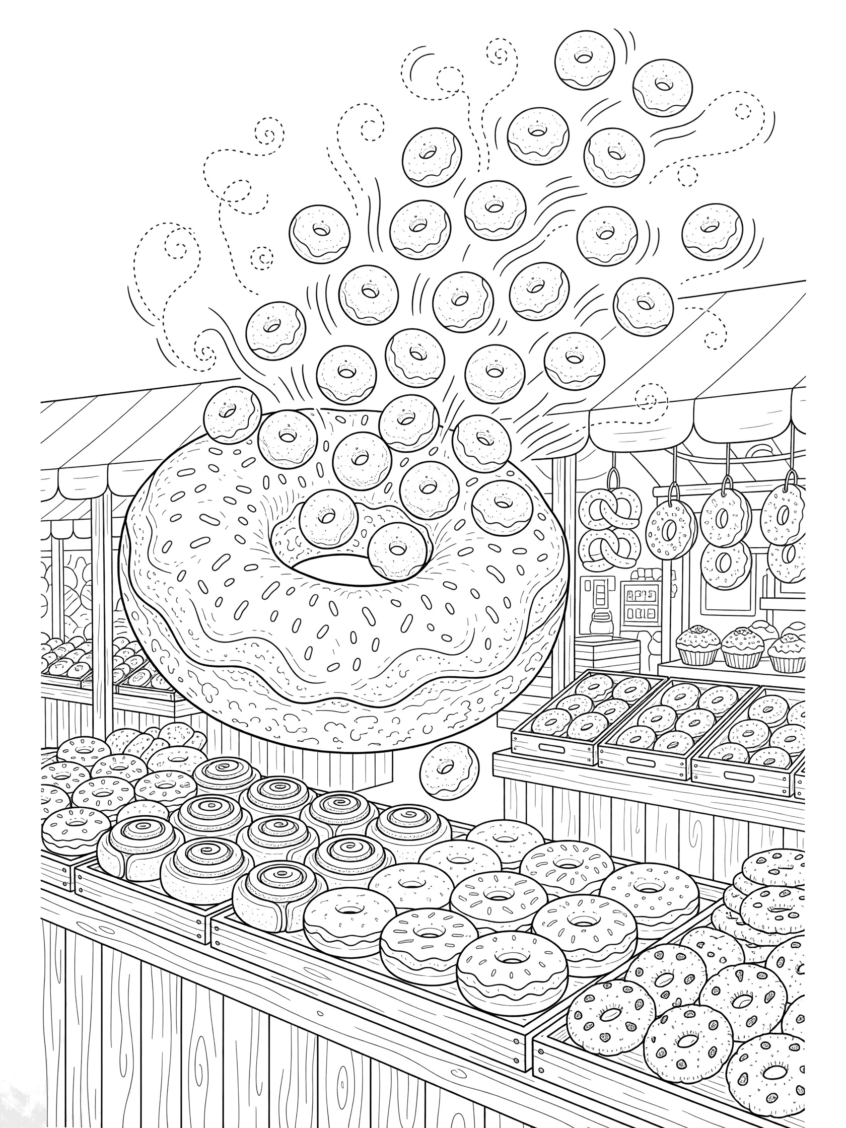 Printable coloring page showing donut holes jumping playfully from a large donut onto a stall lined with donuts, with motion lines and market details.