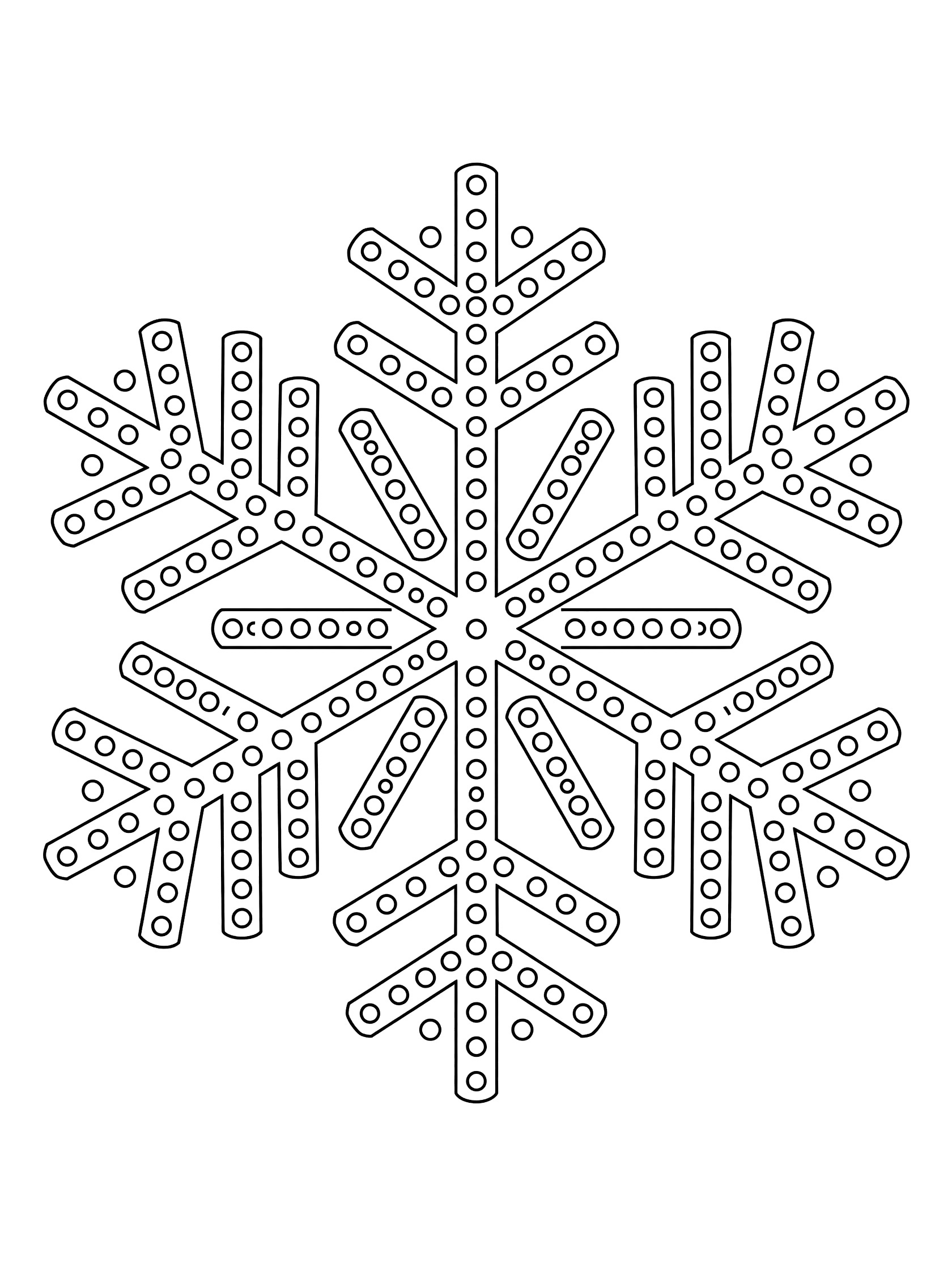 Black and white dotted snowflake mandala coloring page with clean outlines of circles, dots, and branching arms on white background