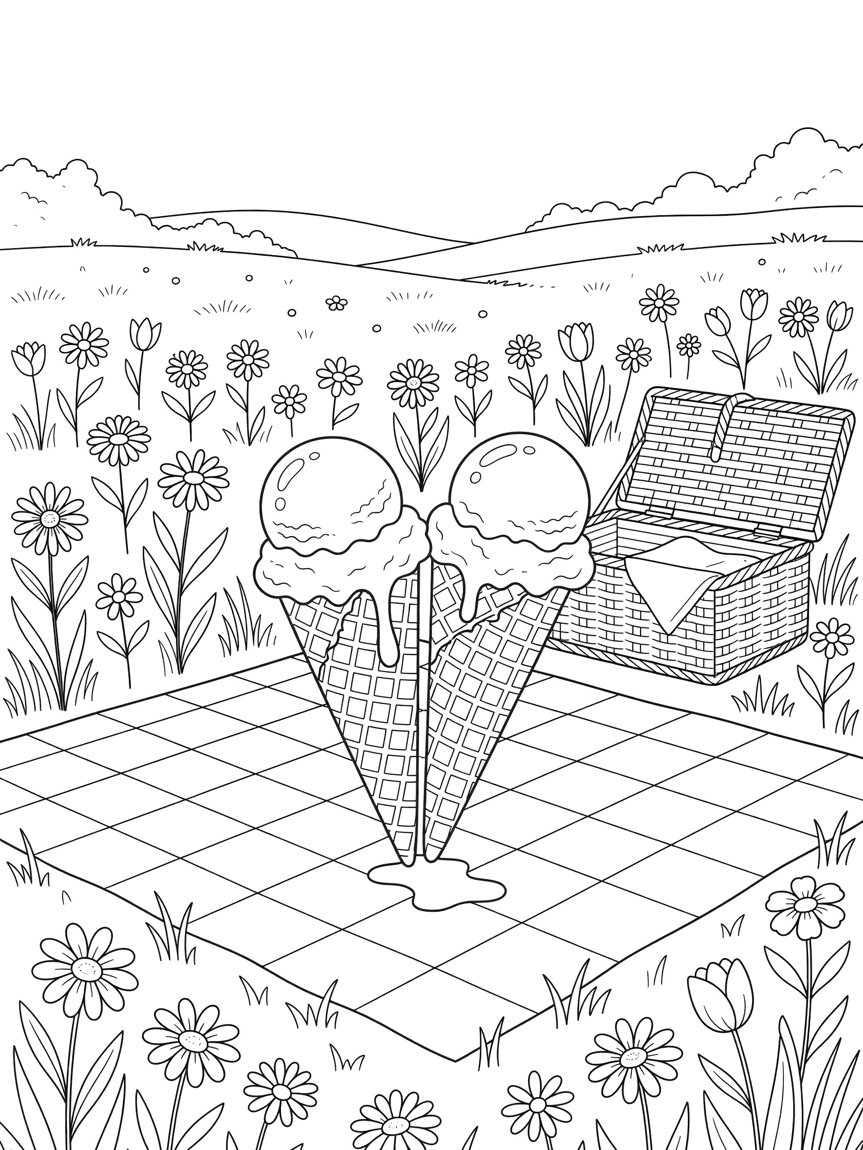 Printable coloring page showing two waffle ice cream cones with two scoops each, held close on a checkered picnic blanket surrounded by wildflowers and a picnic basket in a meadow