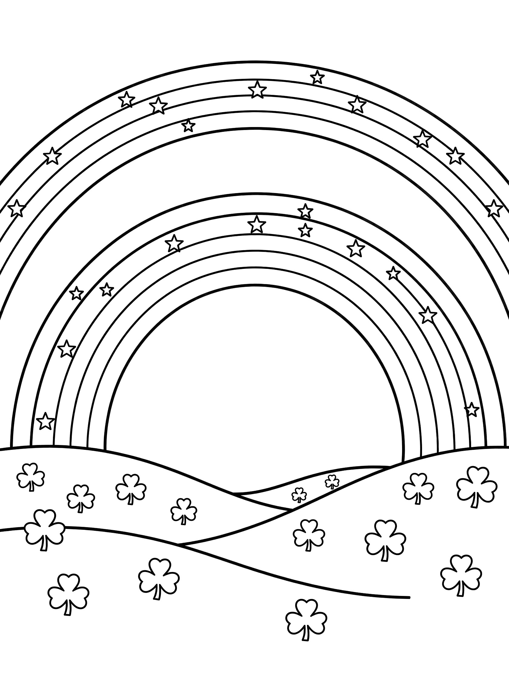 Black and white coloring page showing a bold double rainbow with stars arching over hills and shamrocks on St. Patrick's Day.